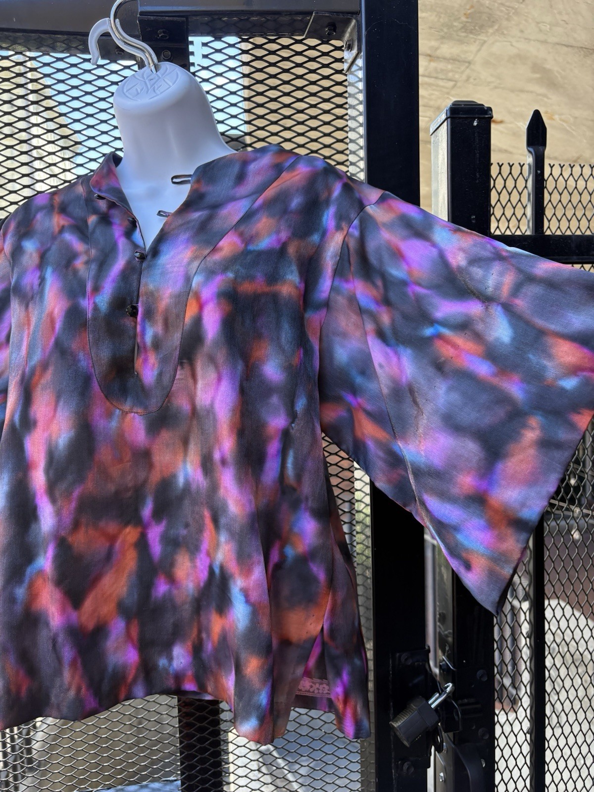 Handmade 1970s Silk Tunic with Jet Buttons Volup XL Size Beauteousness