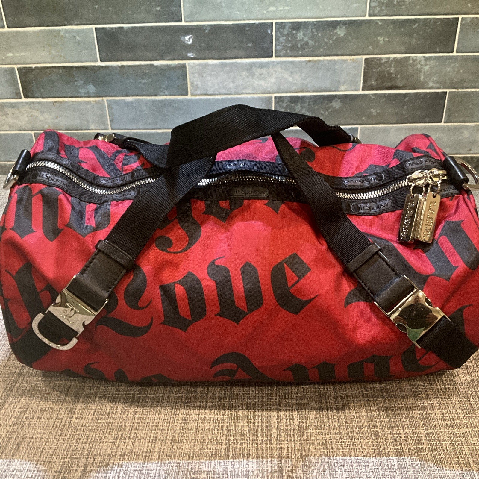 Red & Blk LeSportsac L.A.M.B.  Nylon Duffle Bag/Purse “Love Angel Music Baby”Exc