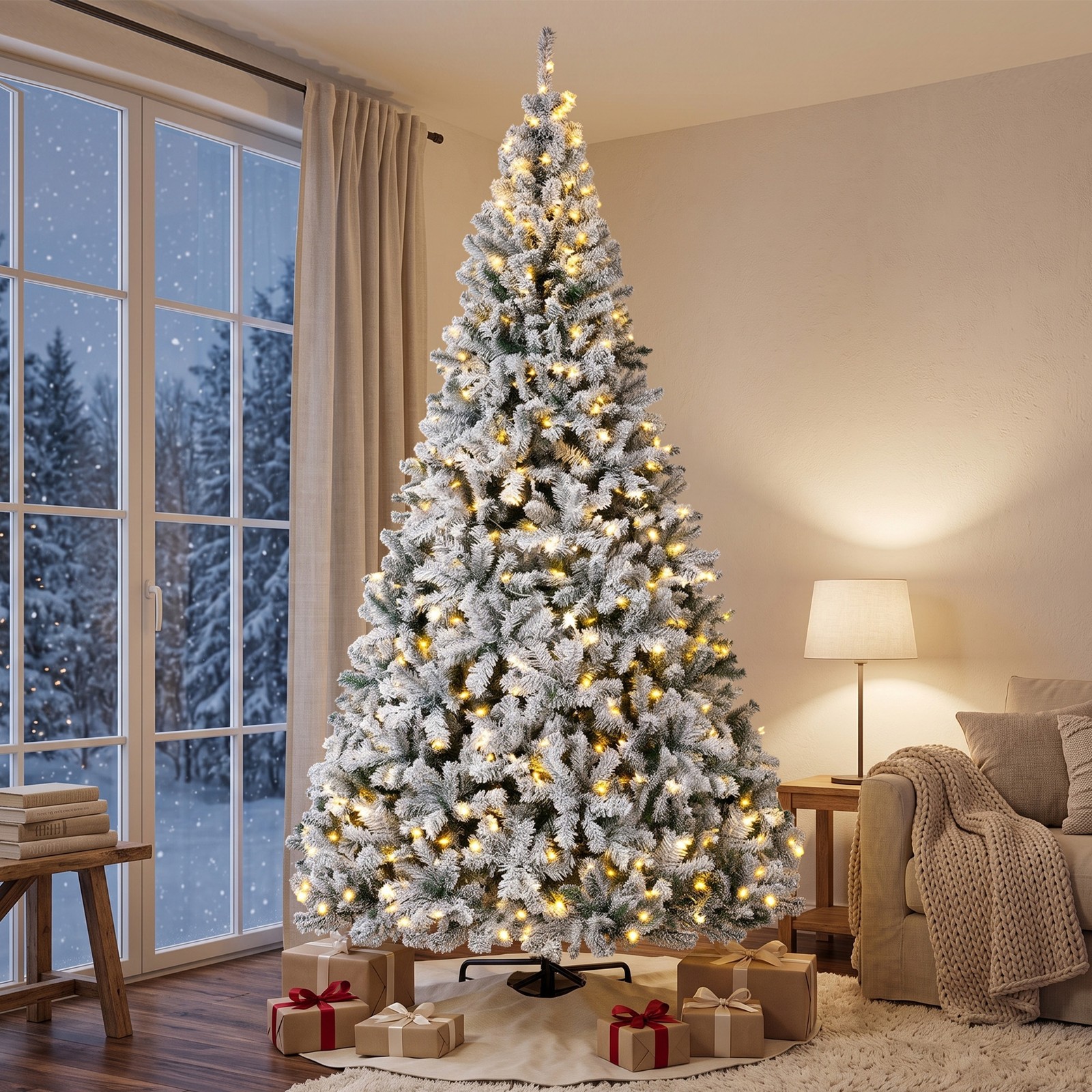 HOMCOM 9ft Flocked Prelit Christmas Tree, Hinged Fraser Fir with LEDs