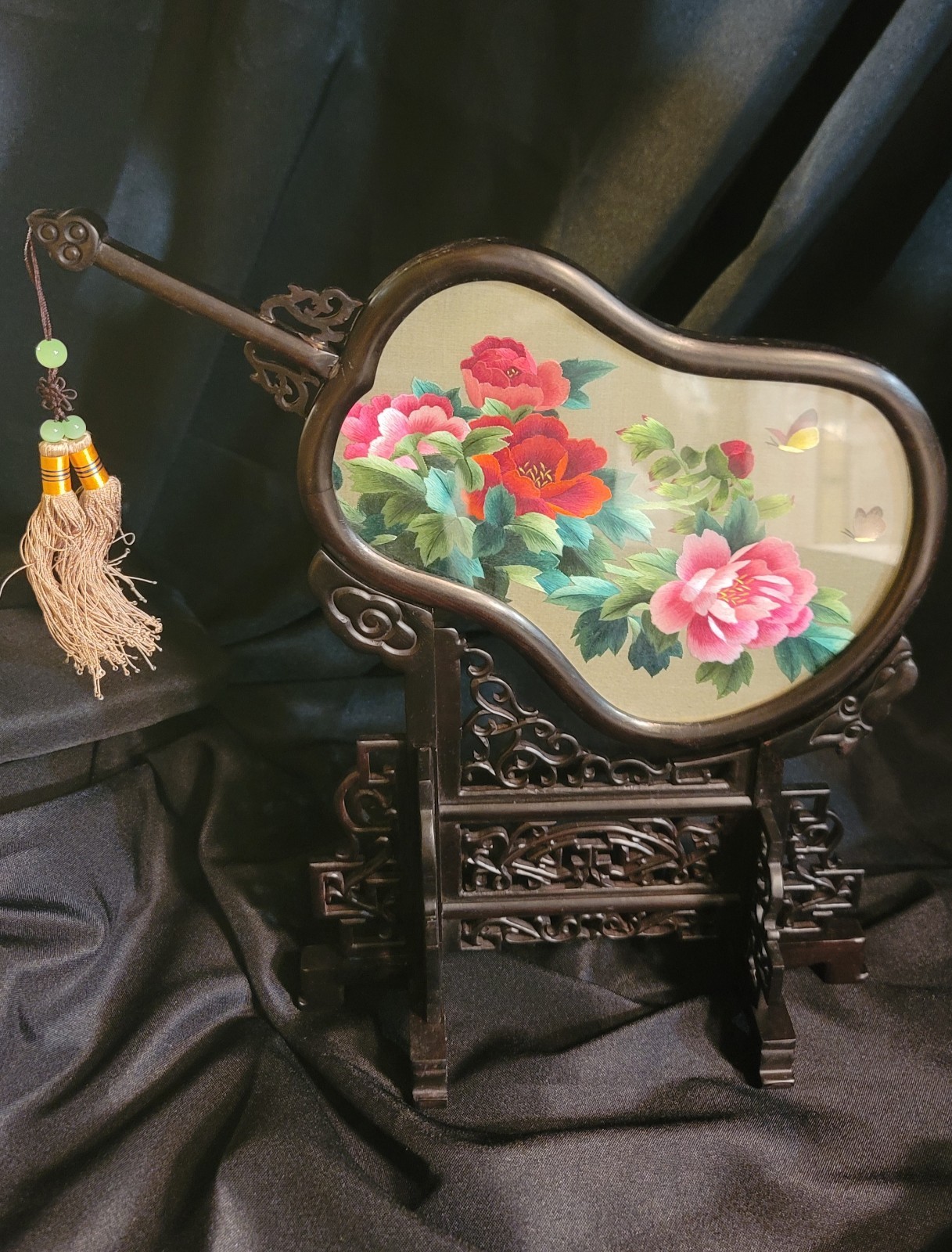 Glamorous Vintage Chinese Silk Embroidery Fan on Rosewood Stand.