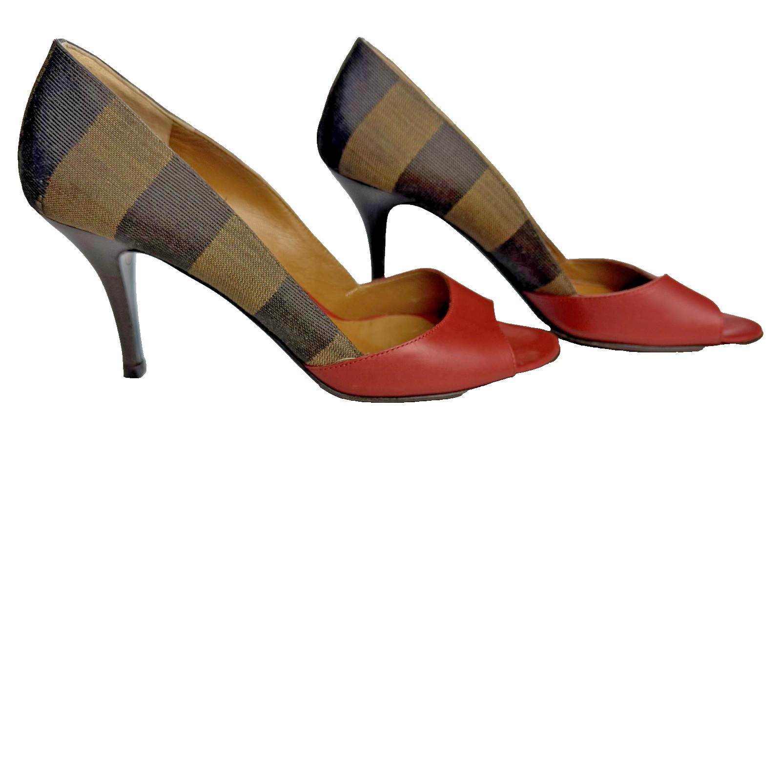 Fendi Red Leather & Brown Pequin Striped Canvas Peep Toe Pumps - Size 38