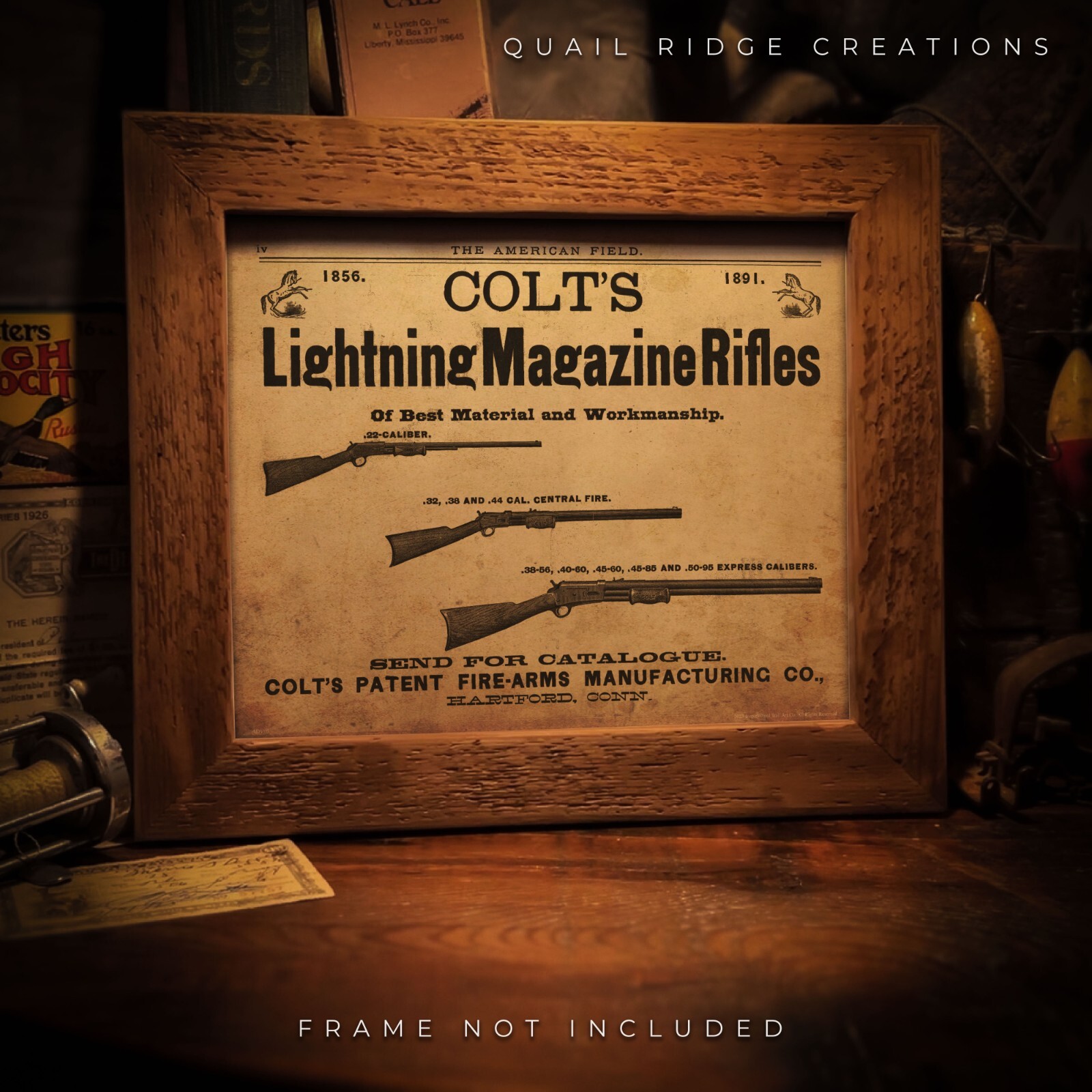 Vintage 1891 Colt\'s Rifles Advertising Art Print 8X10 Deer Hunting Cabin Artwork