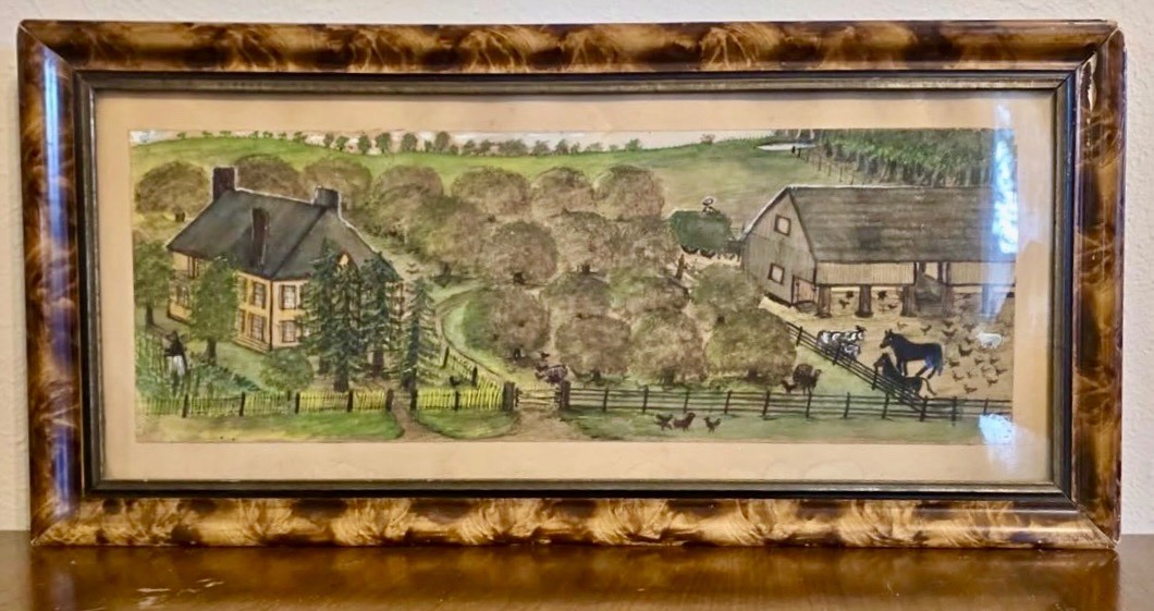 19th C American Folk Art Farmstead Watercolor Painting Naive Pennsylvania Dutch?