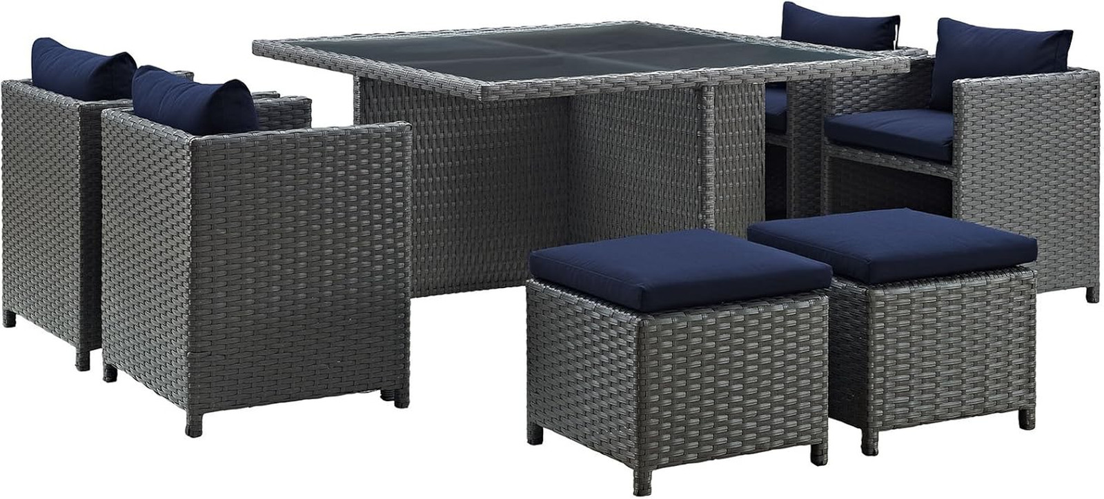 9-Pc Wicker Rattan Patio Dining Set with Navy Sunbrella Fabric