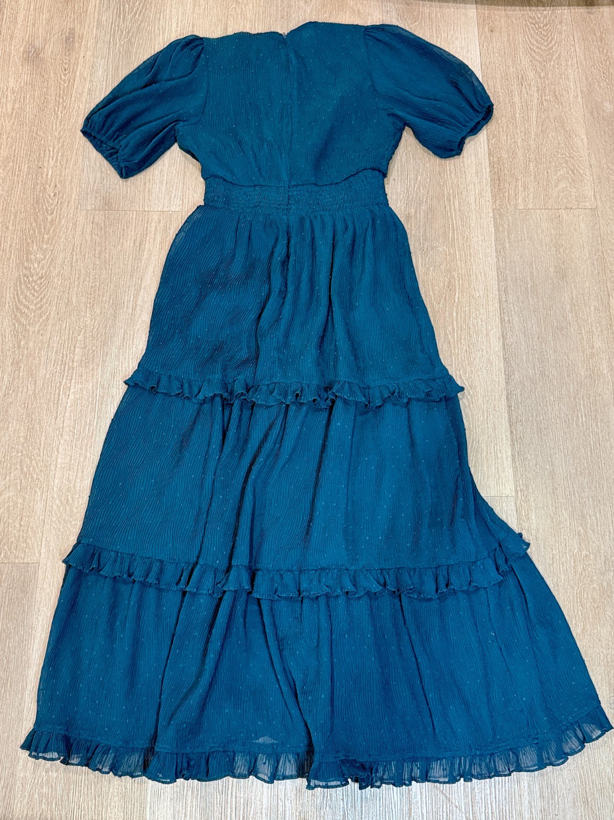 Lulus Women\'s M Teal Swiss Dot Maxi Dress Tiered Ruffle Puff Sleeve Back Zip