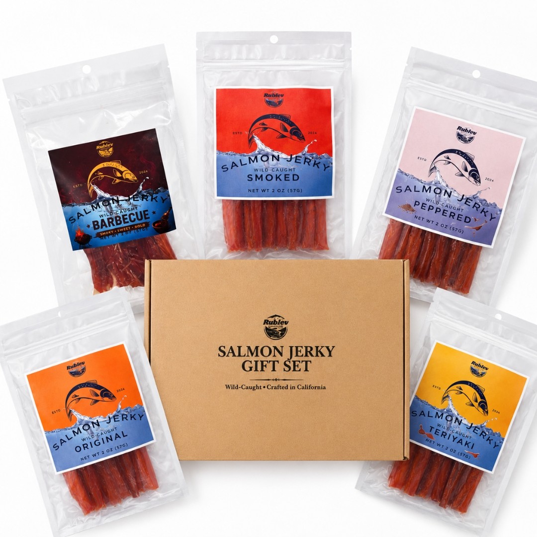 Rublev Wild Caught Salmon Jerky Gift Set Variety Sampler - Five 2oz. Bags in Box