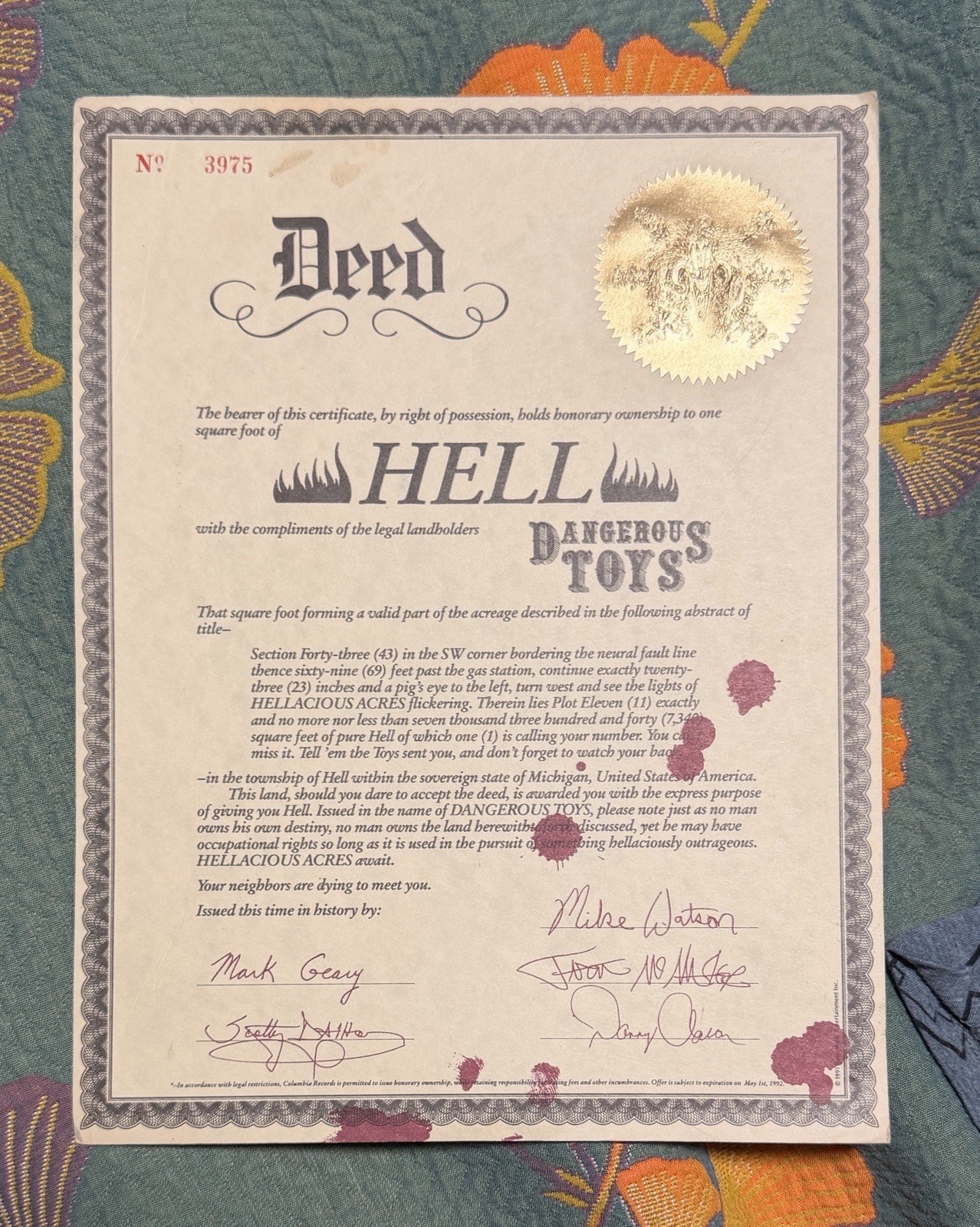 Vintage Dangerous Toys Deed to Hell, Certificate No. 3975 Paper Document
