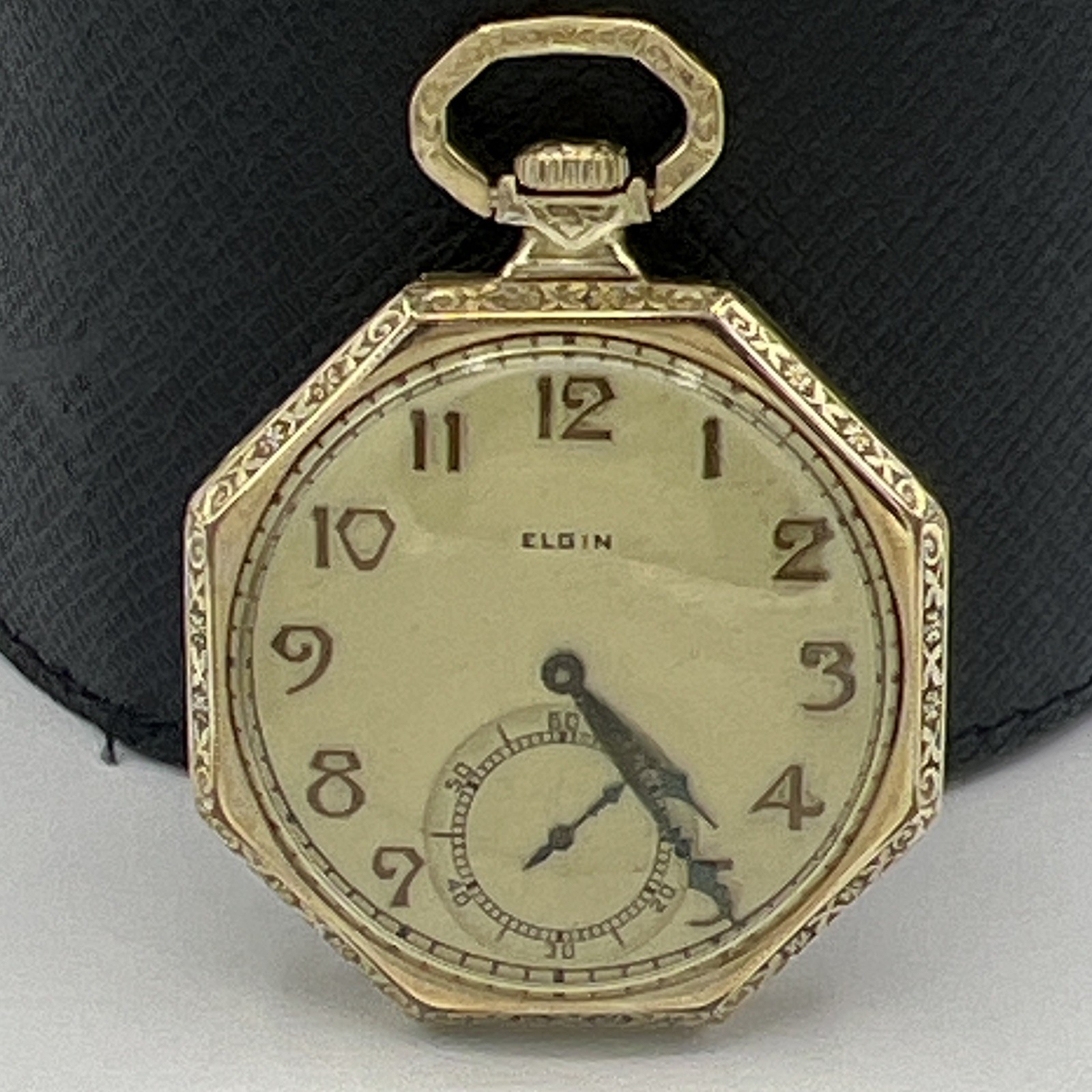 Elgin Gold Filled Octagon Open Face Pocket Watch Beige Arabic Dial Seconds 1925