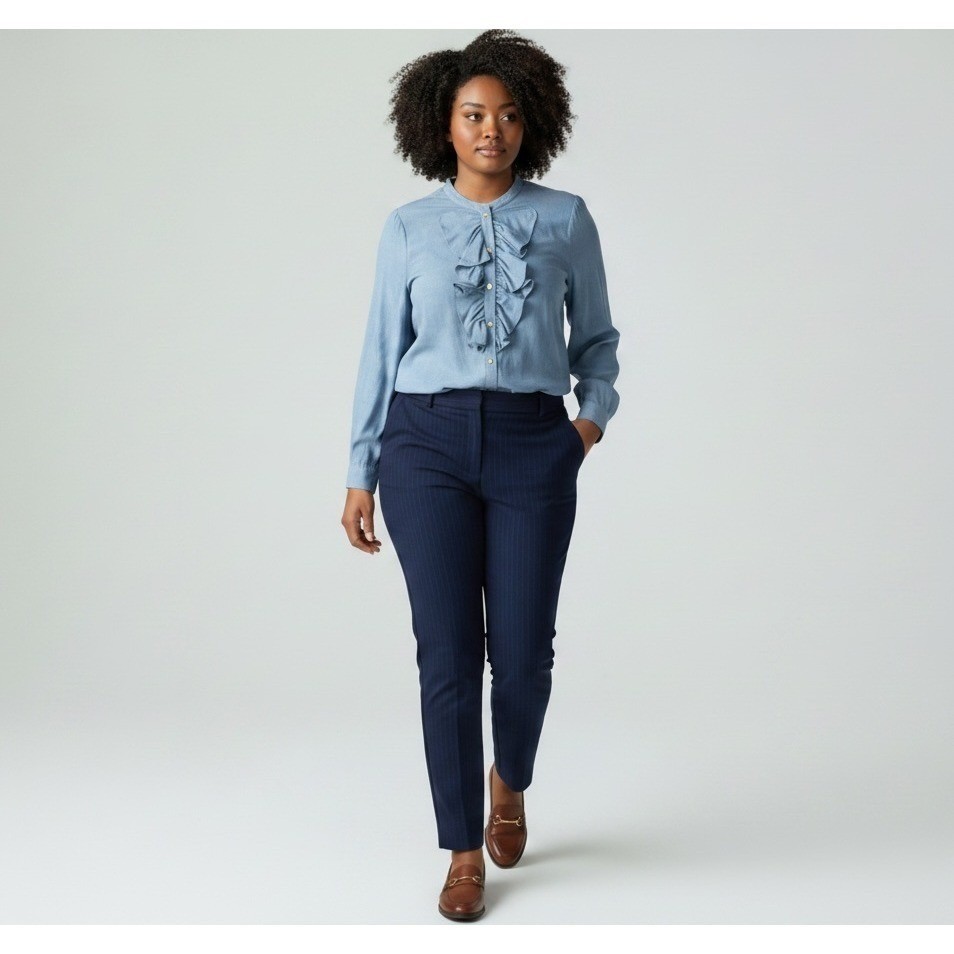 C. Wonder Ruffle Front Blouse 16W Chambray Denim Button Down Modern Elegant Chic