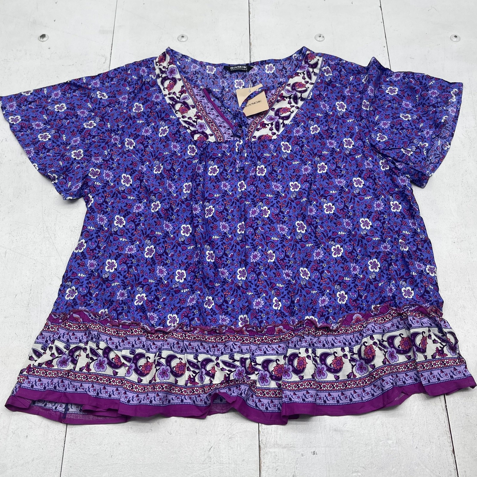 Bloomchic Shirt Womens 22-24 Purple Blue Floral Boho Peasant Blouse NWT