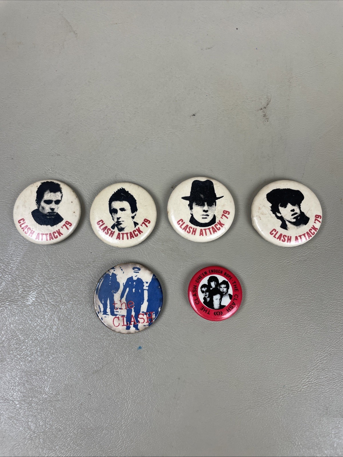 Ultra rare Complete Set Original Vintage Clash Attack Buttons from 1979 Tour