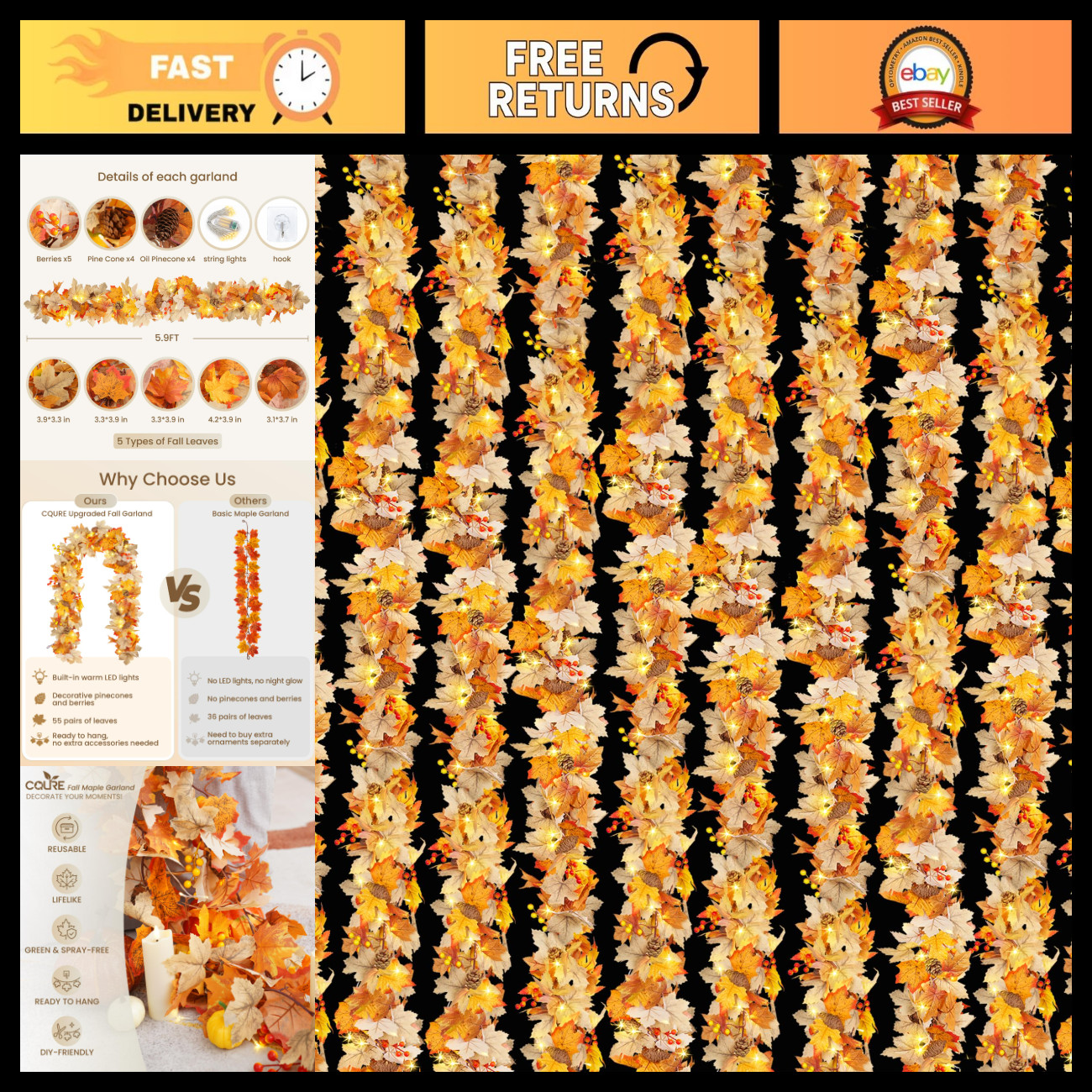 10 Pack 59FT LED Fall Leaf Garland - Autumn Decorations for Thanksgiving, Hallow