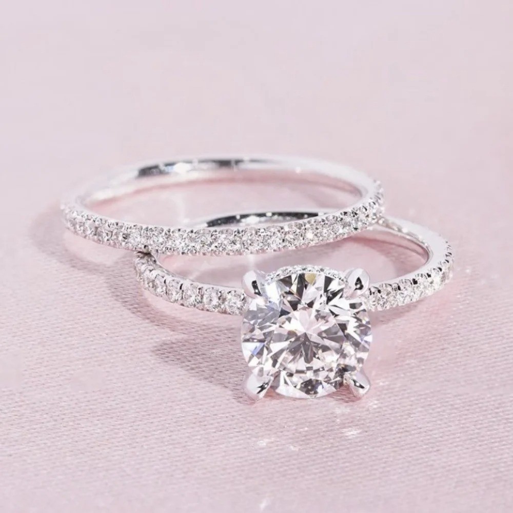 2pcs CZ Ring Set Women Engagement Wedding Band Cubic Zirconia Jewelry Gift
