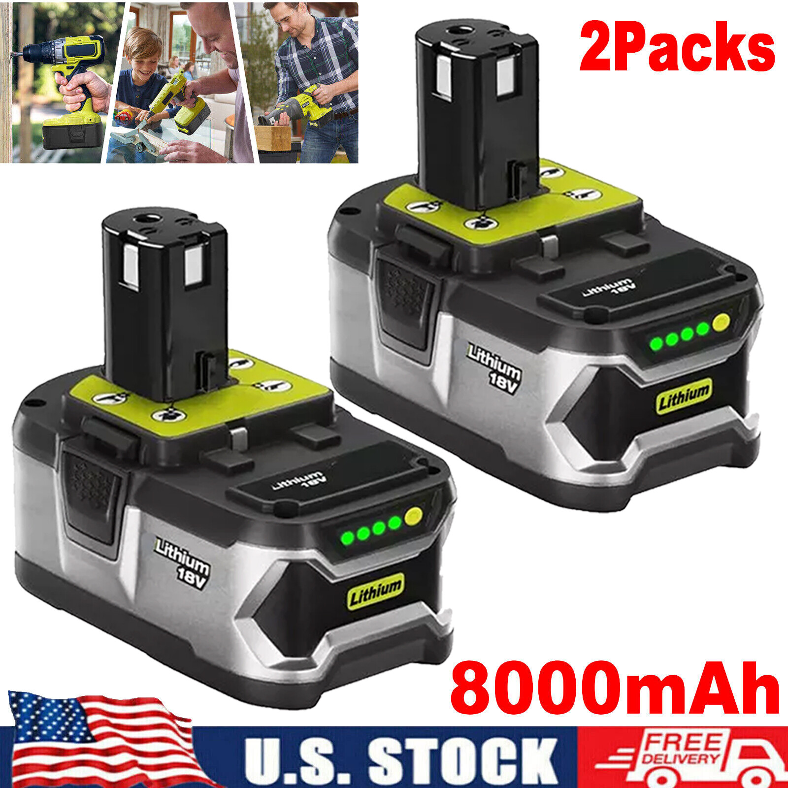 8.0AH Battery For RYOBI P108 18V For One+ Plus Lithium-Ion High Capacity 18 Volt