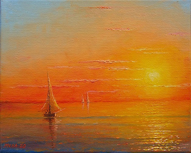 8x10 MESH ORIGINAL OIL CANVAS PAINTING ART SEASCAPE SUNSET SAIL BOAT CALM SEA