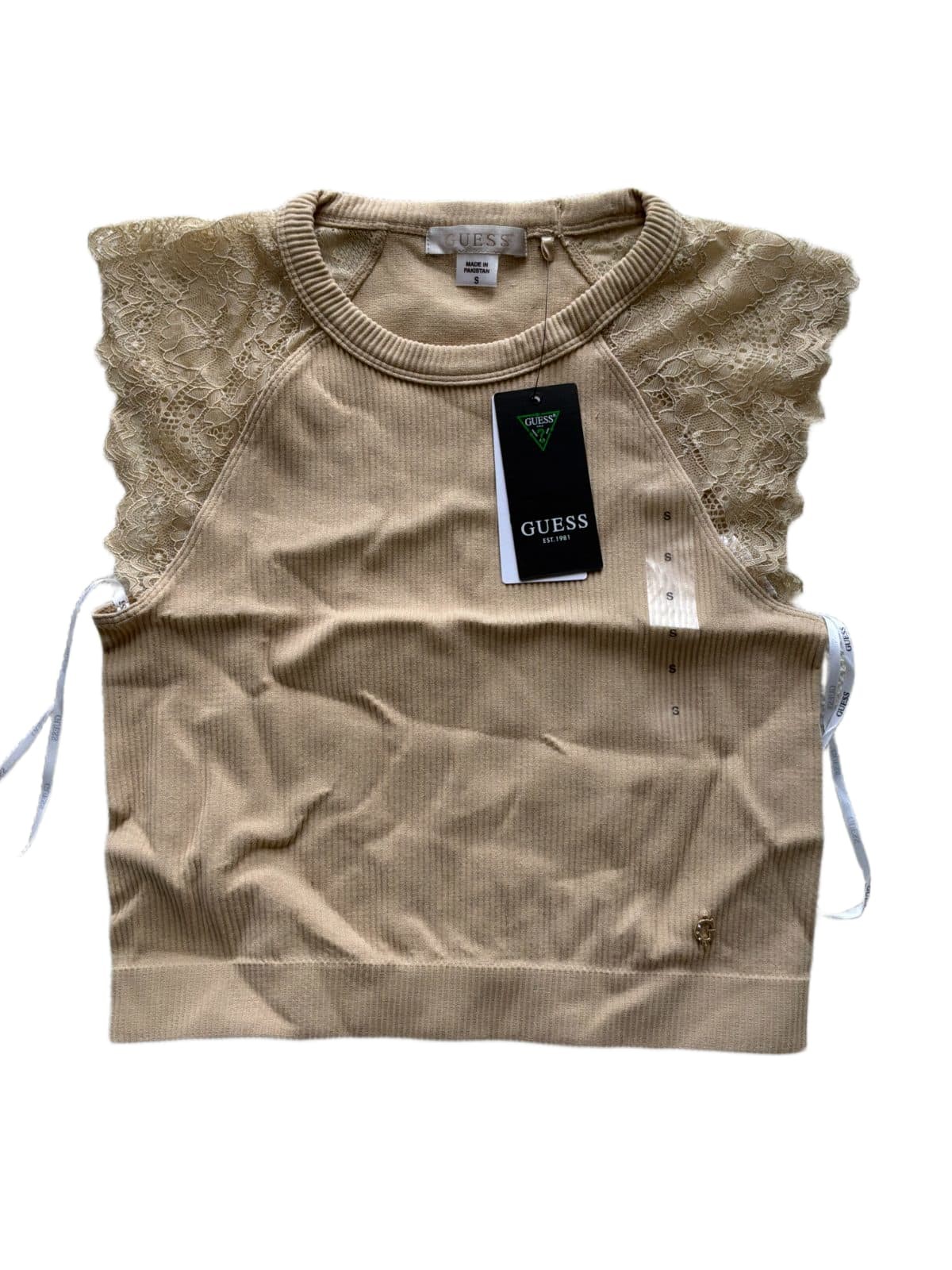 GUESS Millie Seamless Lace Sweater Top Womens S Foamy Taupe Ribbed Crop Tank NWT