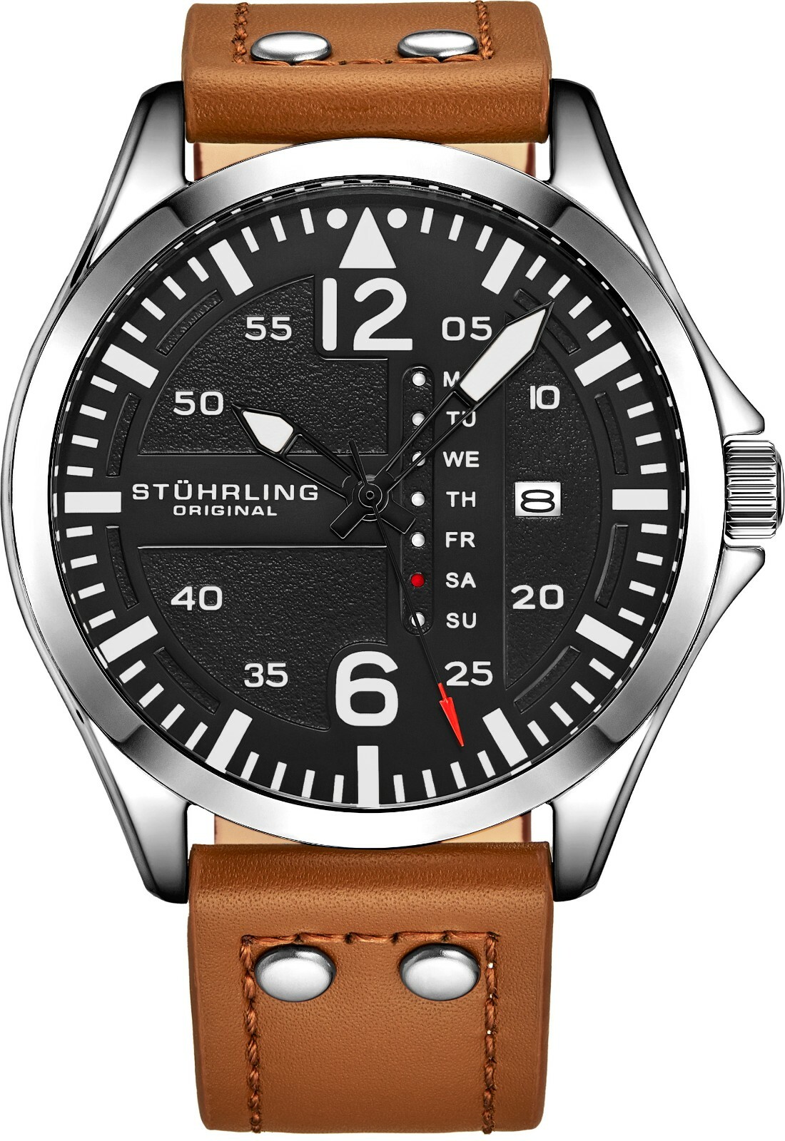 Stuhrling Men\'s Steel Riveted Tan Leather Strap Japan Quartz Aviation Watch