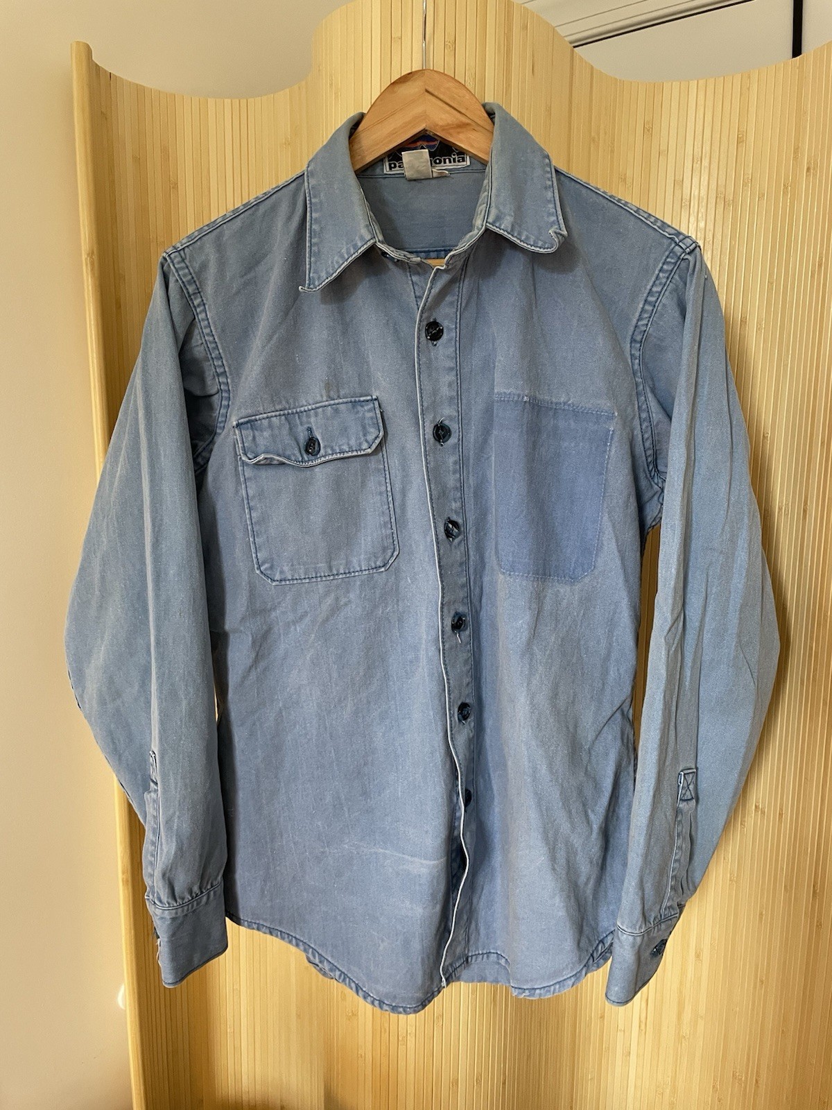 Vintage 70s Patagonia Blue Work Shirt First Tag Yvon Chouinard made in Hong Kong Vintage 70s Patagonia Blue Work Shirt First Tag Yvon Chouinard made in Hong Kong