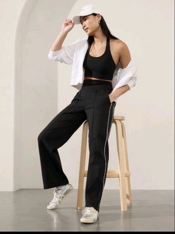 Athleta Venice High Rise Track Pants Womens Medium Stripe Wide Leg Black Nylon