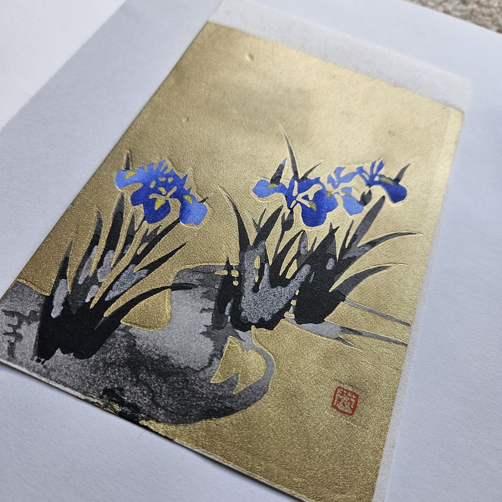 Eiichi Kotozuka Blue Iris Shobu Japanese Woodblock Print Matted Gold 10x8 MCM