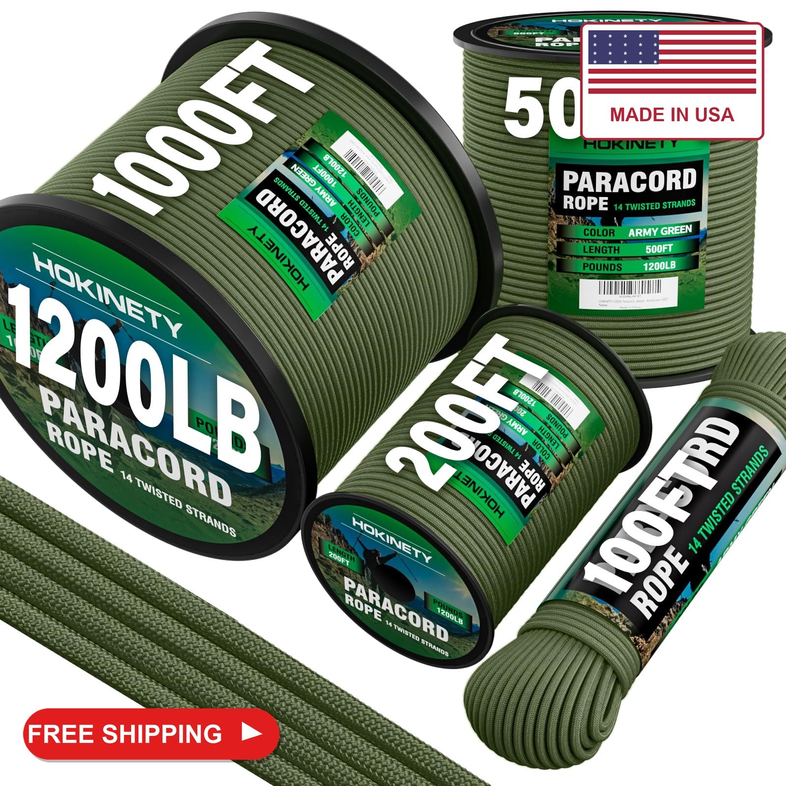 HOKINETY 1200lb Paracord Rope - 4.4mm 15 Strand Nylon Survival Parachute para Co