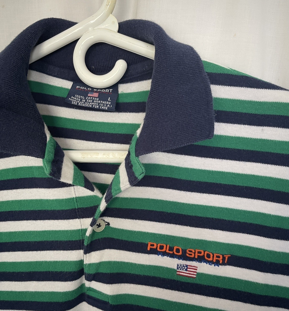 Vtg 90’s RALPH LAUREN POLO SPORT Men’s USA FLAG Striped BUTTON SHIRT sz LARGE