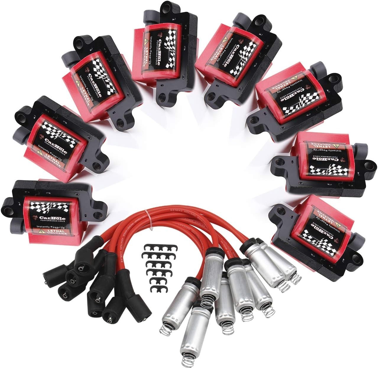  8Pcs Ignition Coils Pack Square Type UF271 D581 + 8Pcs 8mm Spark Plug Wires Set
