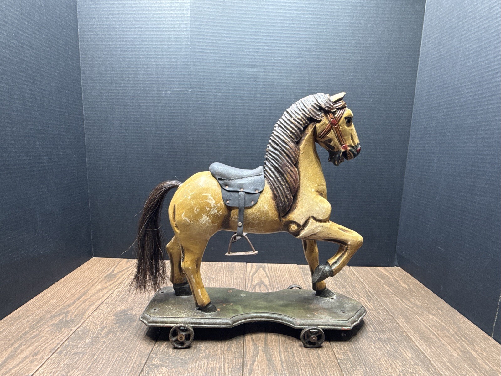 Antique - Vintage Carved Wooden Horse With Leather Saddle & Cast Iron Wheels