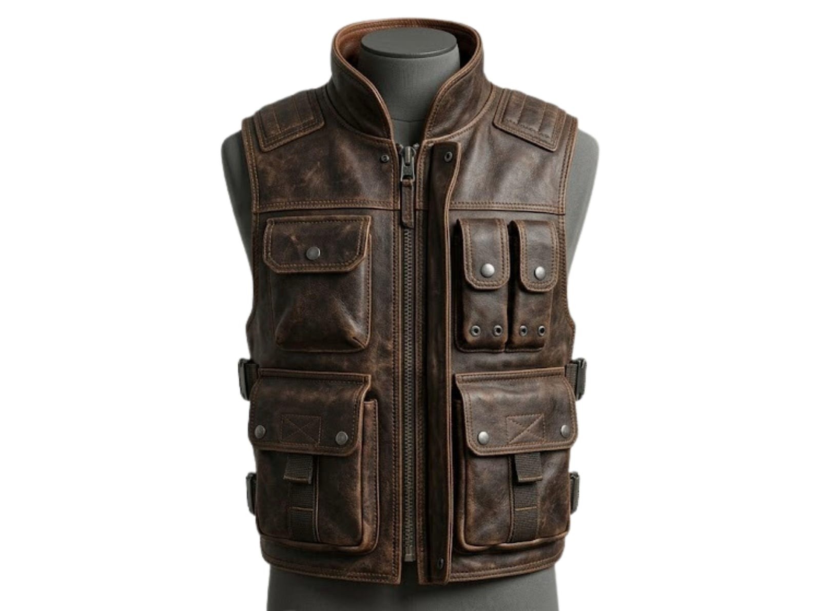 Men\'s Distressed Brown Leather Motorcycle Vest Biker Tactical Outdoor Utility Men\'s Distressed Brown Leather Motorcycle Vest Biker Tactical Outdoor Utility