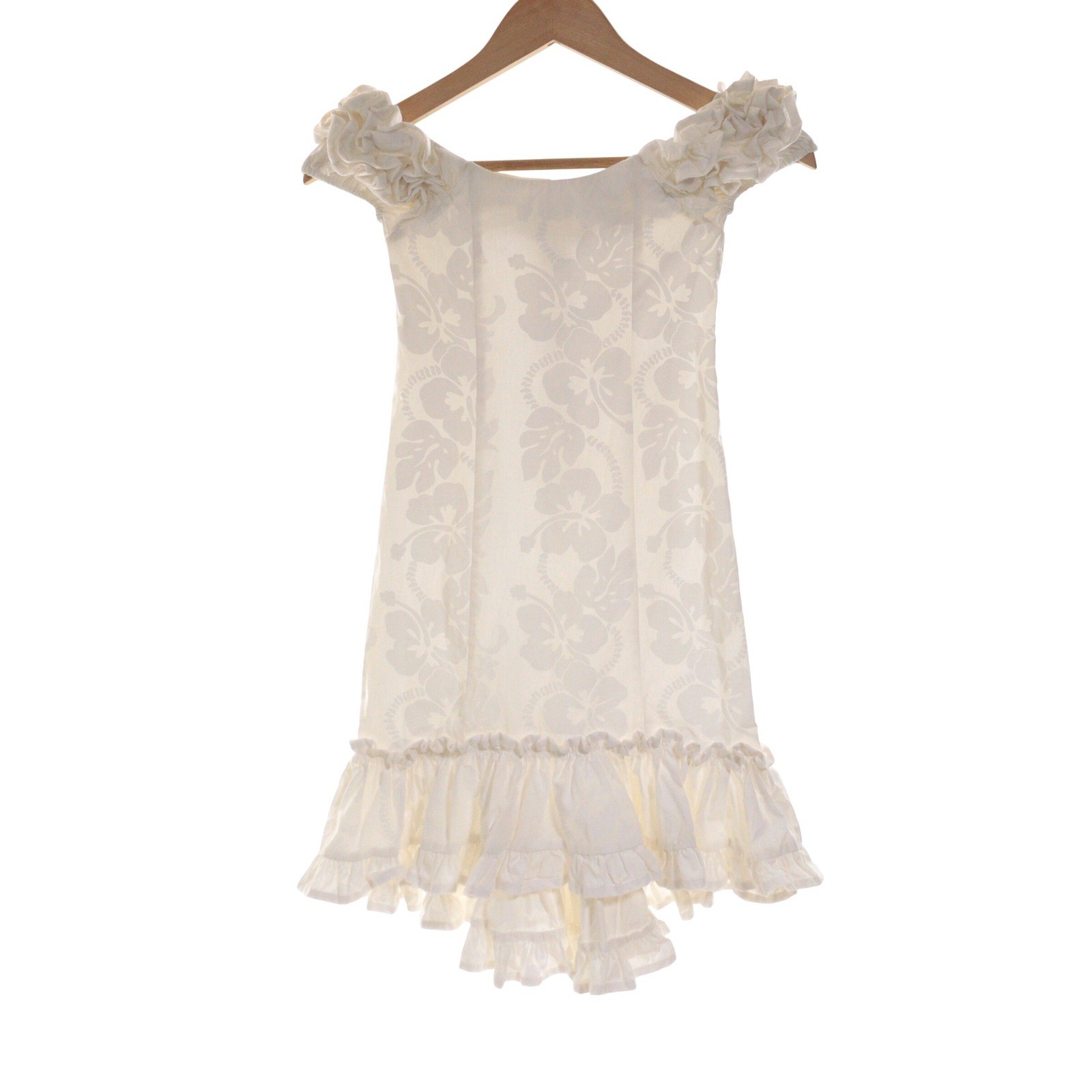VTG KY\'S Floral Ruffle Dress Women S Hawaiian Off Shoulder White Cotton USA