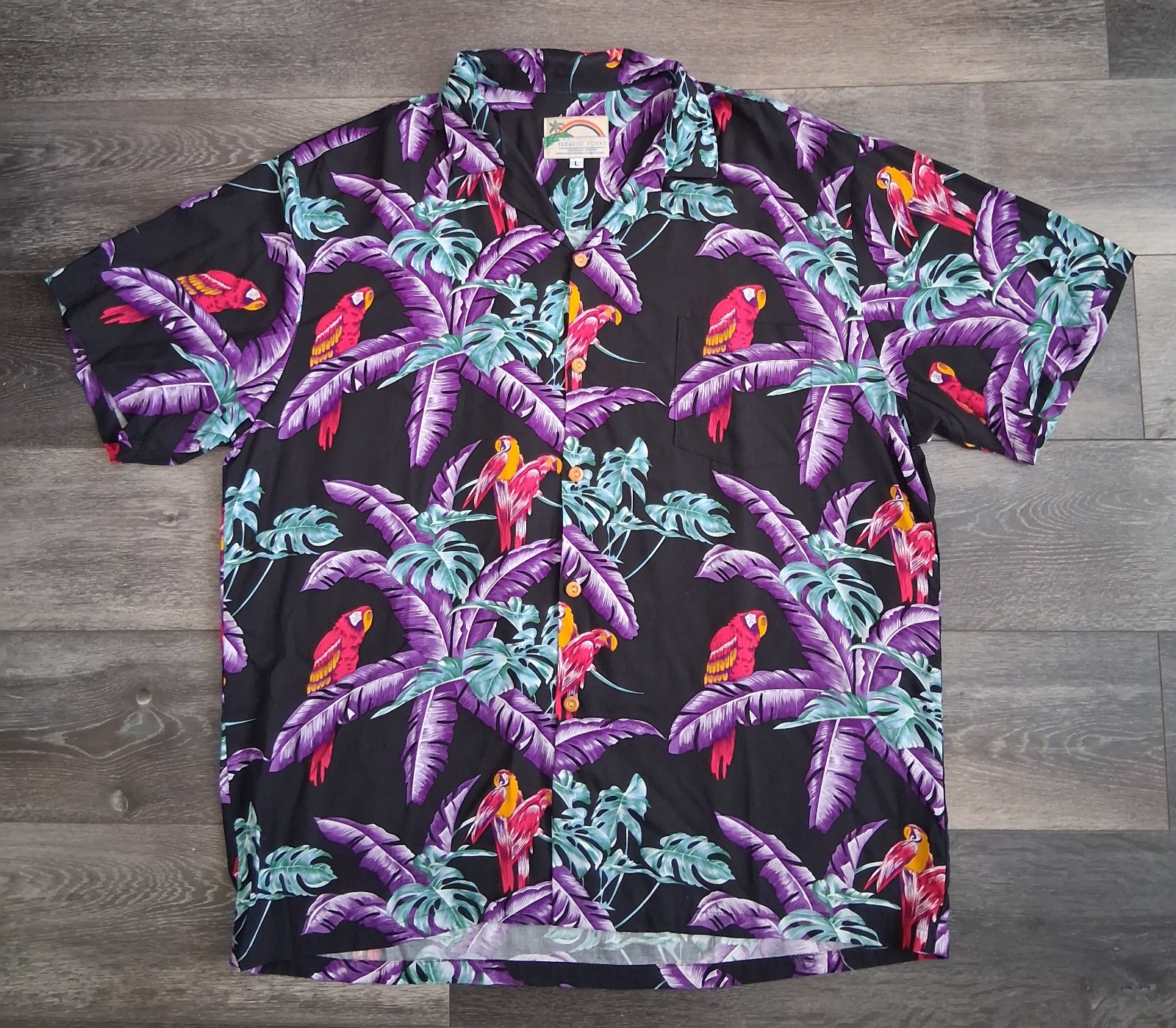 Vintage Paradise Found Jungle Bird Hawaiian Shirt Black Purple Mens Size Large 