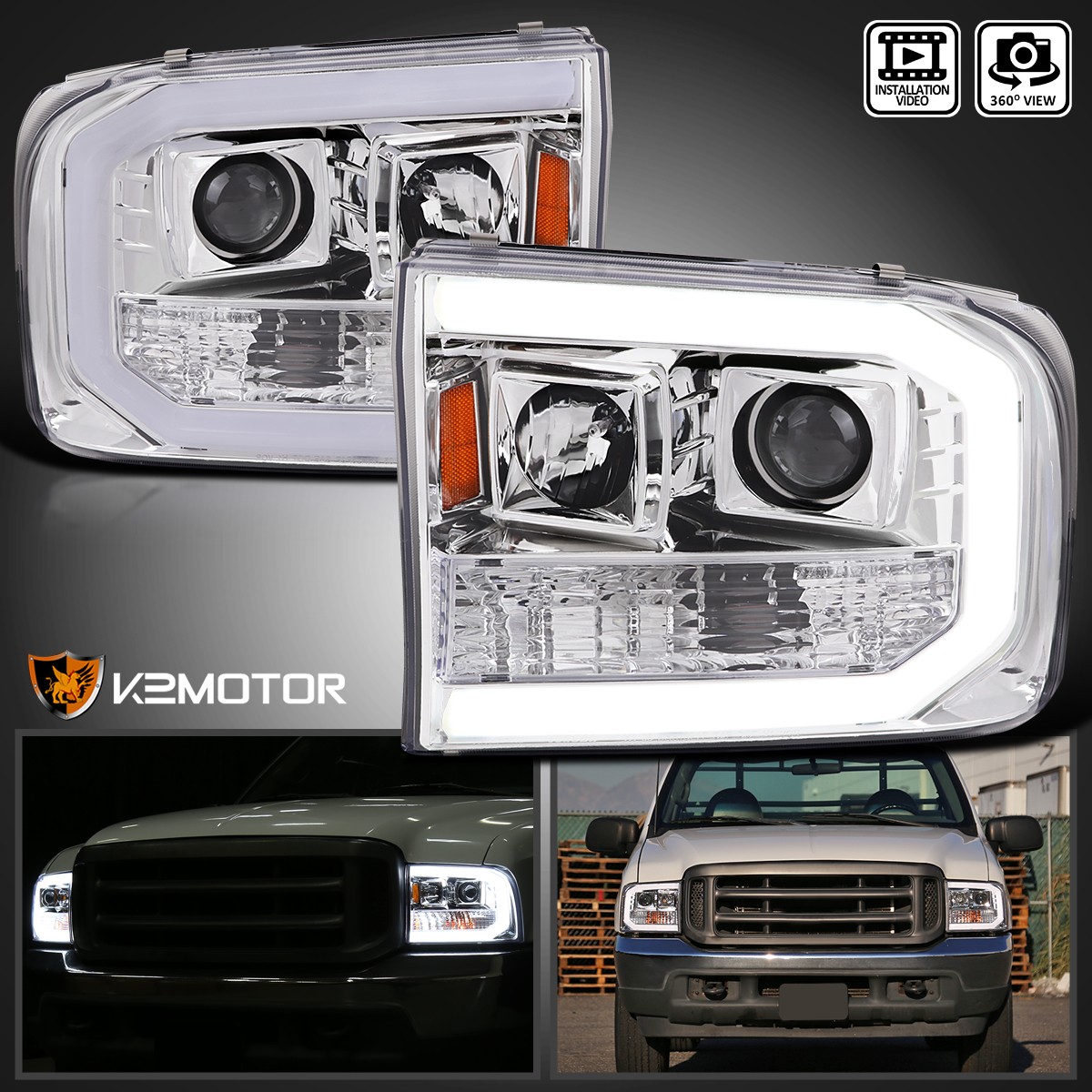 Fits 1999-2004 Ford F250 F350 F450 SuperDuty LED Tube Projector Headlights Lamps