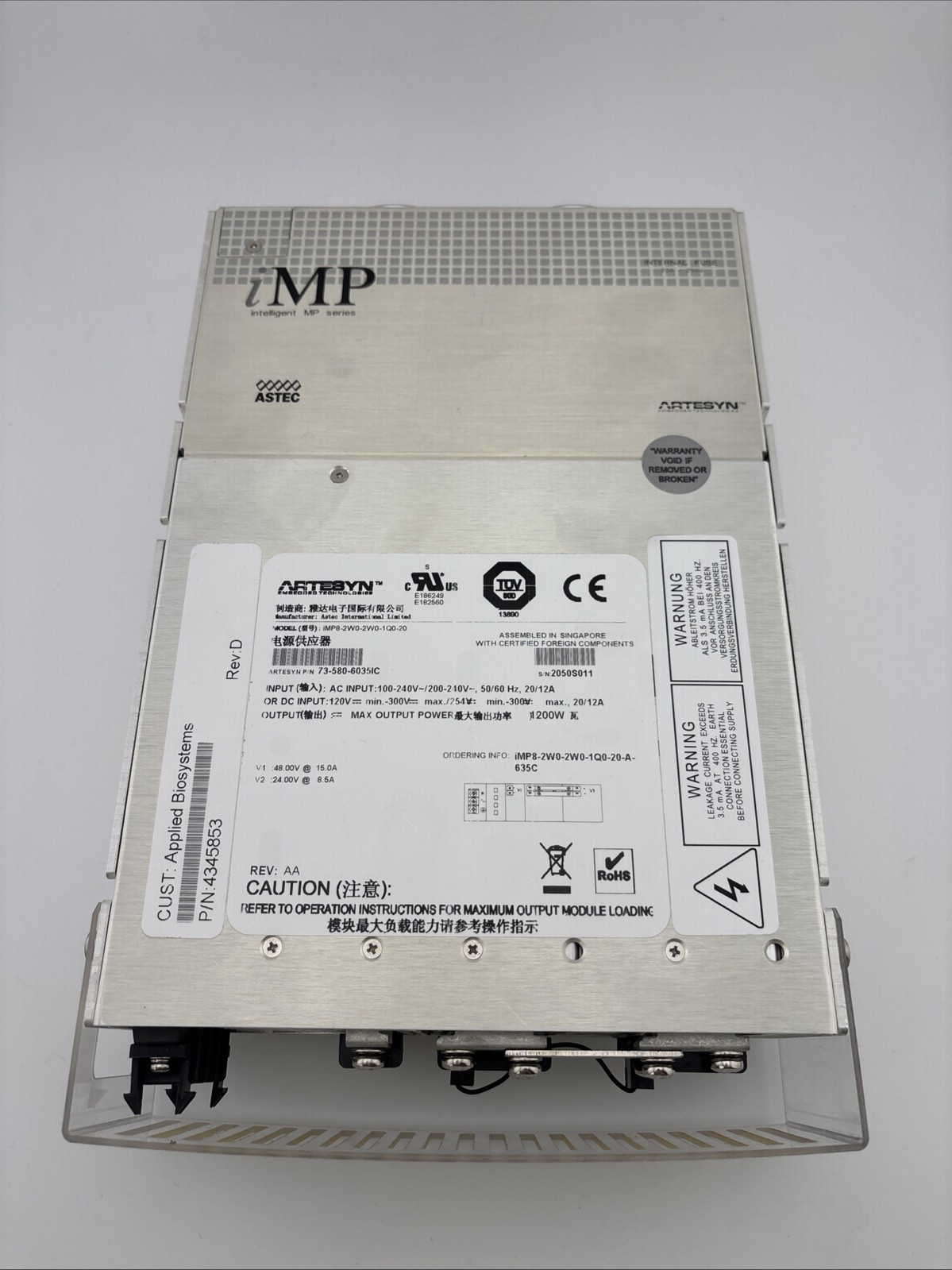 Applied Biosystems 7500 Fast Dx Artesyn iMP8 Power Supply 4345853 Rev D
