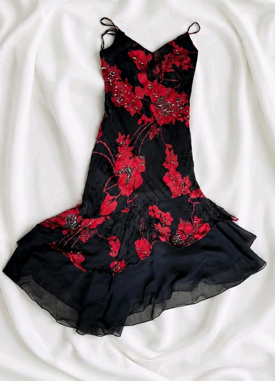 Y2K Vintage Silk Slip Black Red Floral Beaded Dress Asymmetrical Ruffle Dress 6
