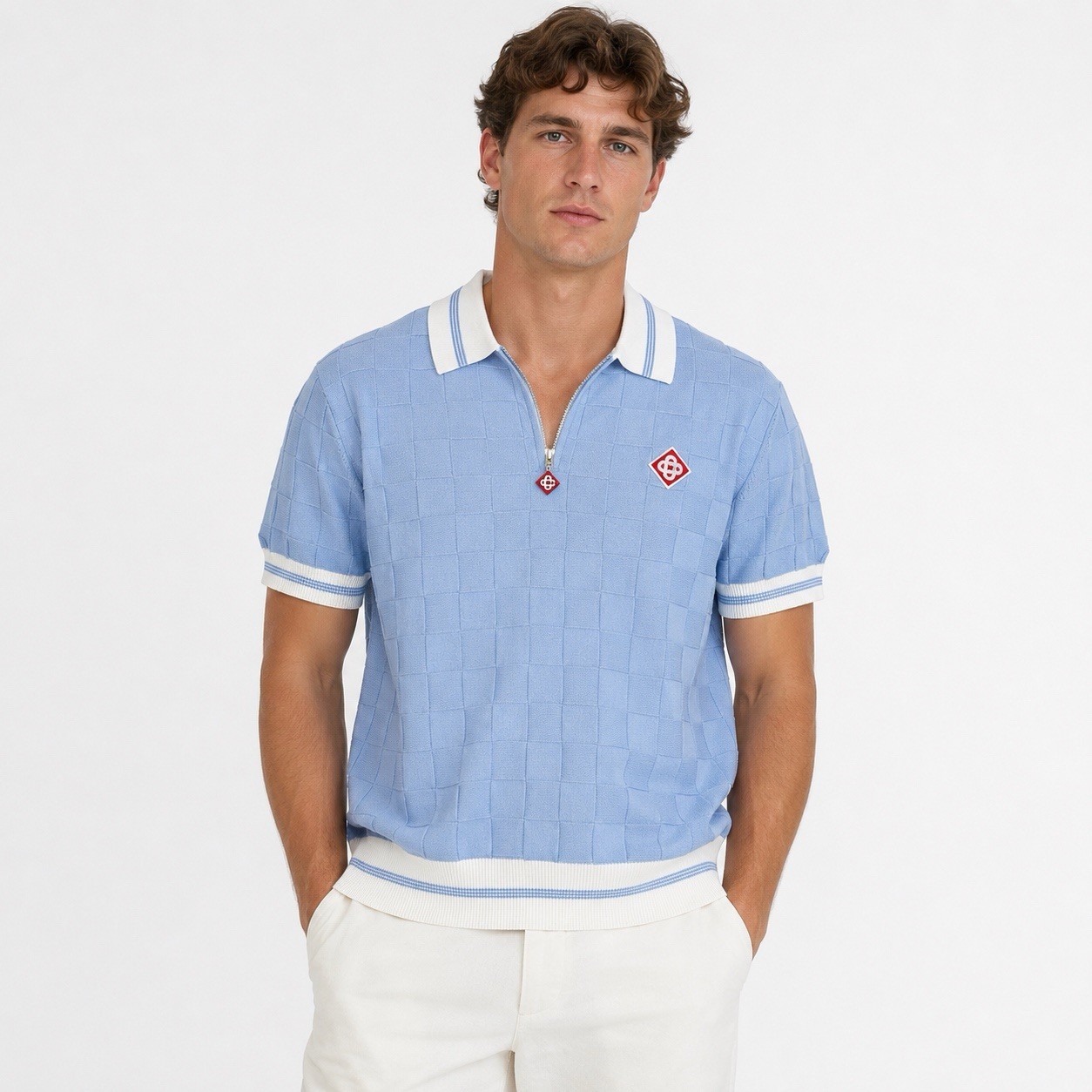 Casablanca Tennis Blue Bouclé Checkerboard Knit Polo Shirt 1/4 Zip Medium NEW