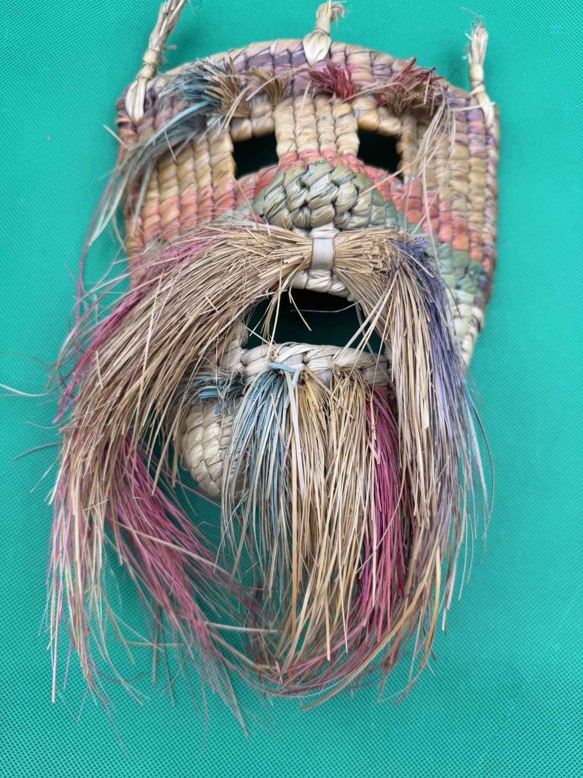 Vintage Mexican Popote Straw Mask Handwoven Folk Art Wall Decor Basket Face