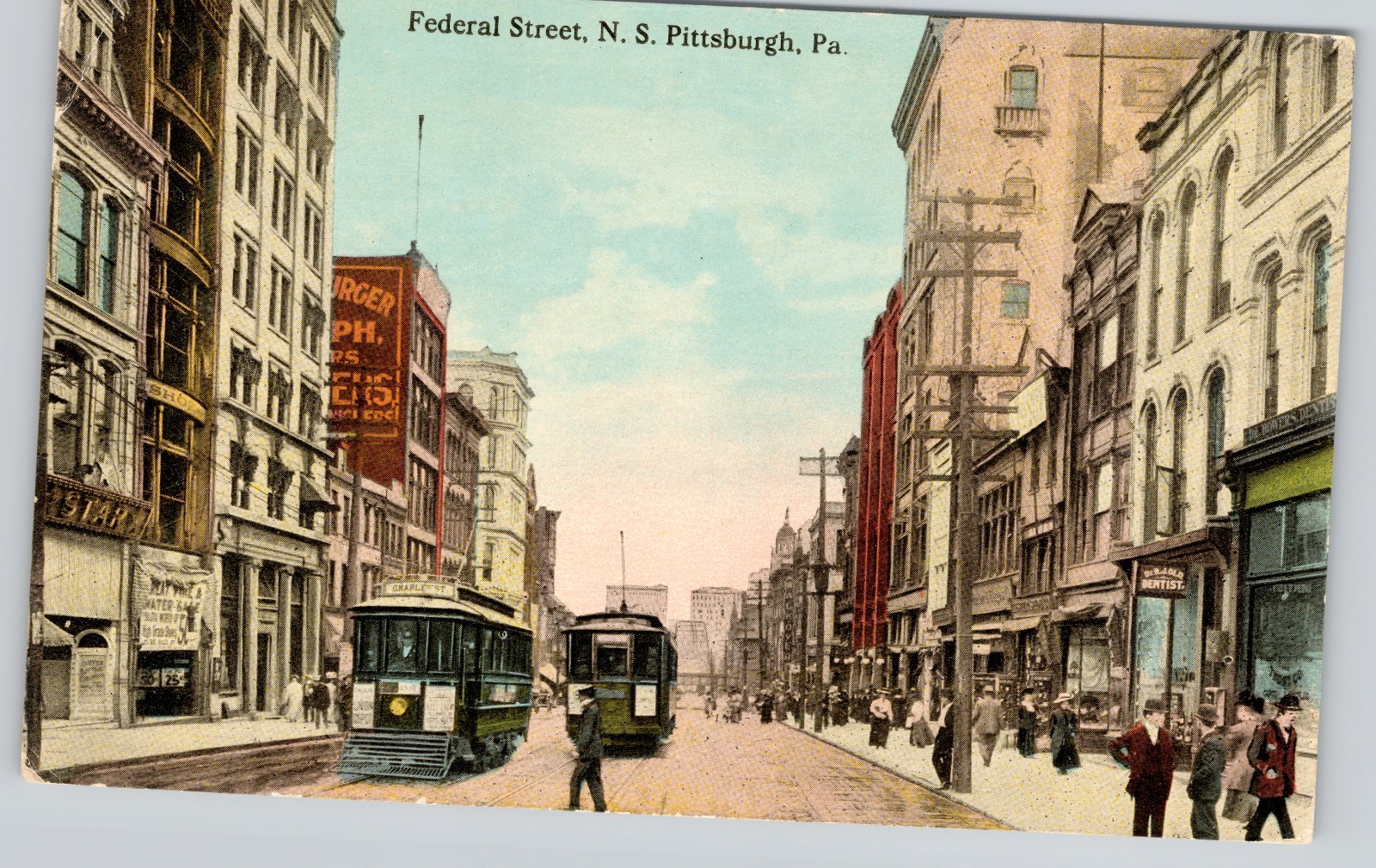 Pittsburgh PA Postcard Federal Street View Trolly Cars NS Pennsylvania Old Card