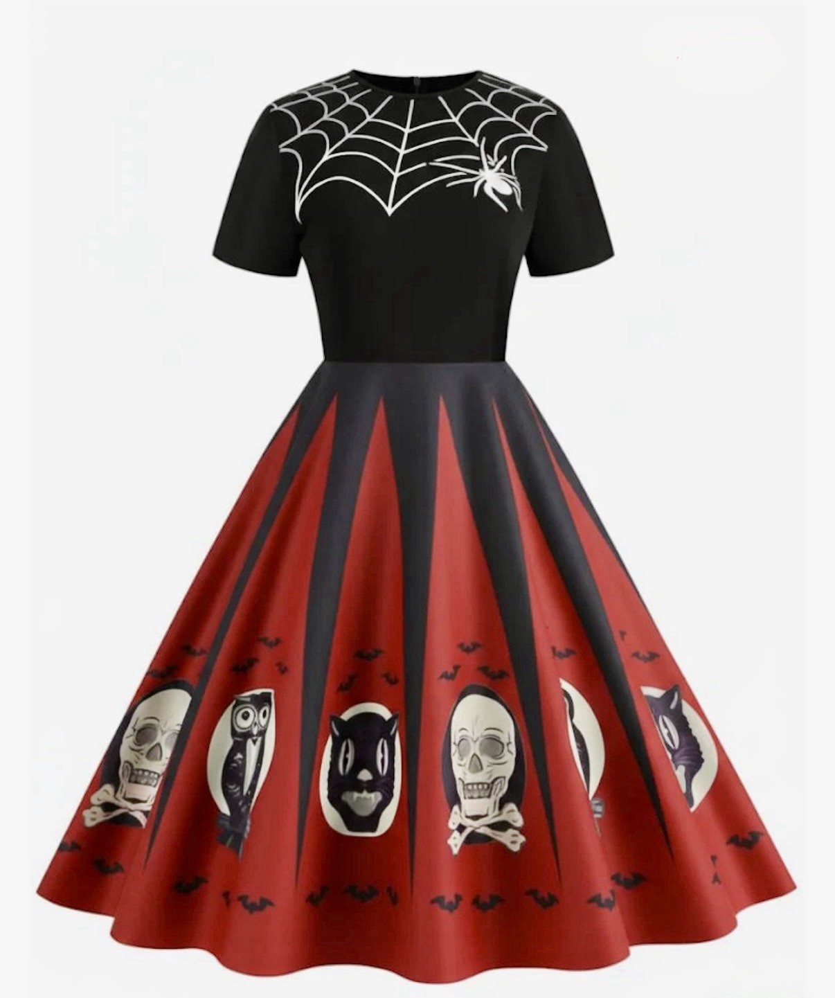 Retro Stage 1950s Inspired Halloween Spider Web Print Patchwork Dress Sz. Large