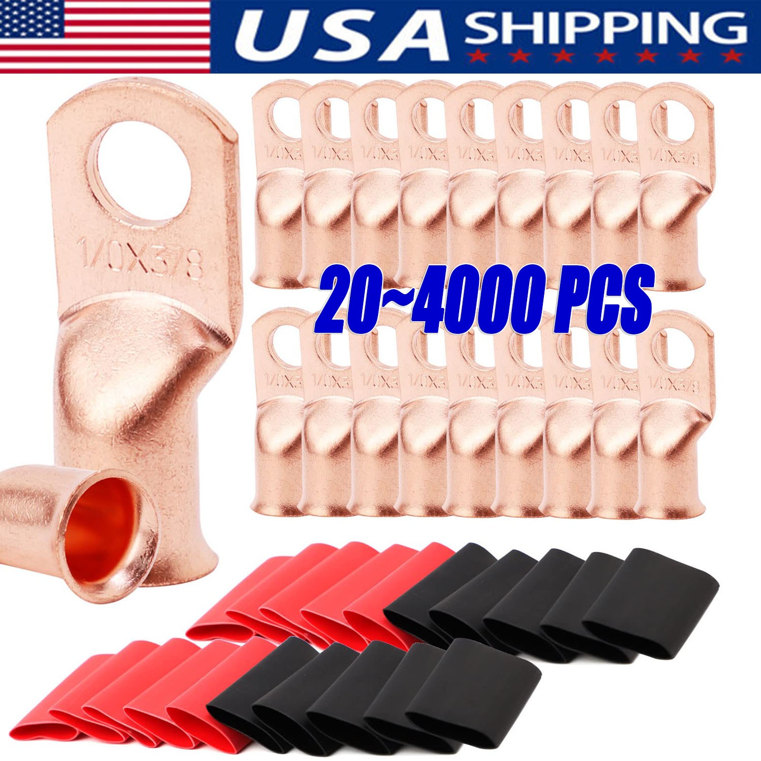 4000pcs 1/0 AWG Gauge Copper Lugs w/BLACK & RED Heat Shrink Ring Terminals Lot