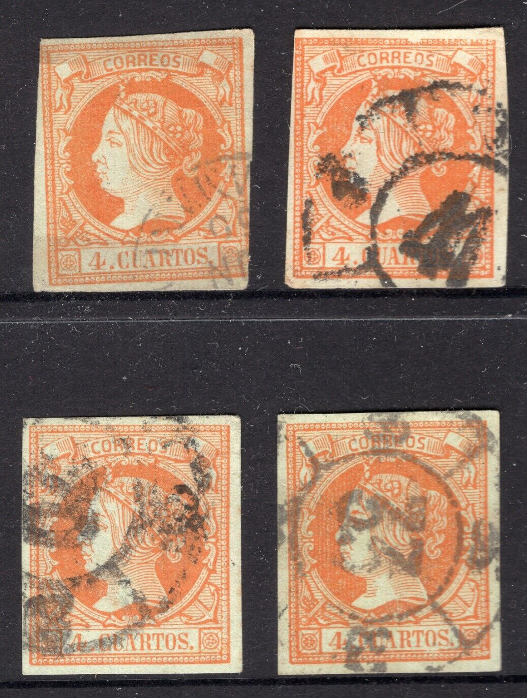 1850 SPAIN ESPANA Isabel Correos 4 Cuartos Orange x 4 REF: ISA04 1850 SPAIN ESPANA Isabel Correos 4 Cuartos Orange x 4 REF: ISA04