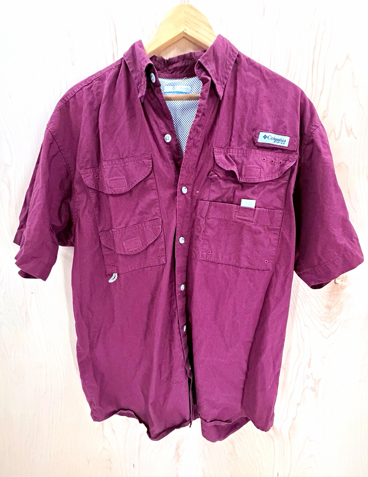 Columbia PFG Men's L Burgundy Wine Red Short Sleeve Cotton Relaxed Fishing Shirt