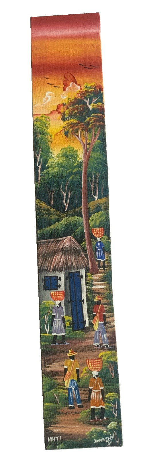 Original Unique Haitian Folk Art Painting Village Market Sunset Scene Signed 24”