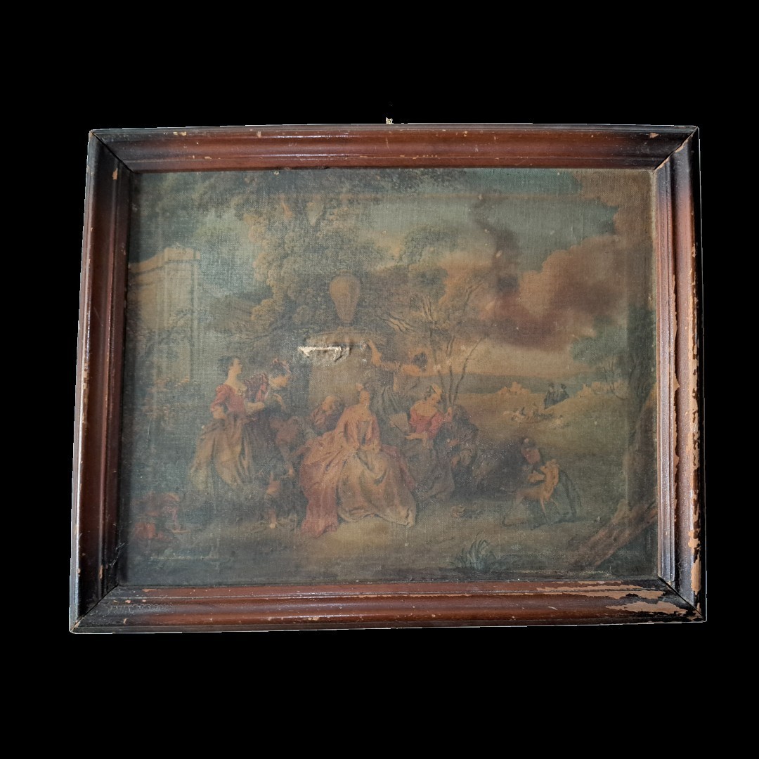 Antique Vintage French Rococo Pastoral Scene Painting Framed Fête Galante