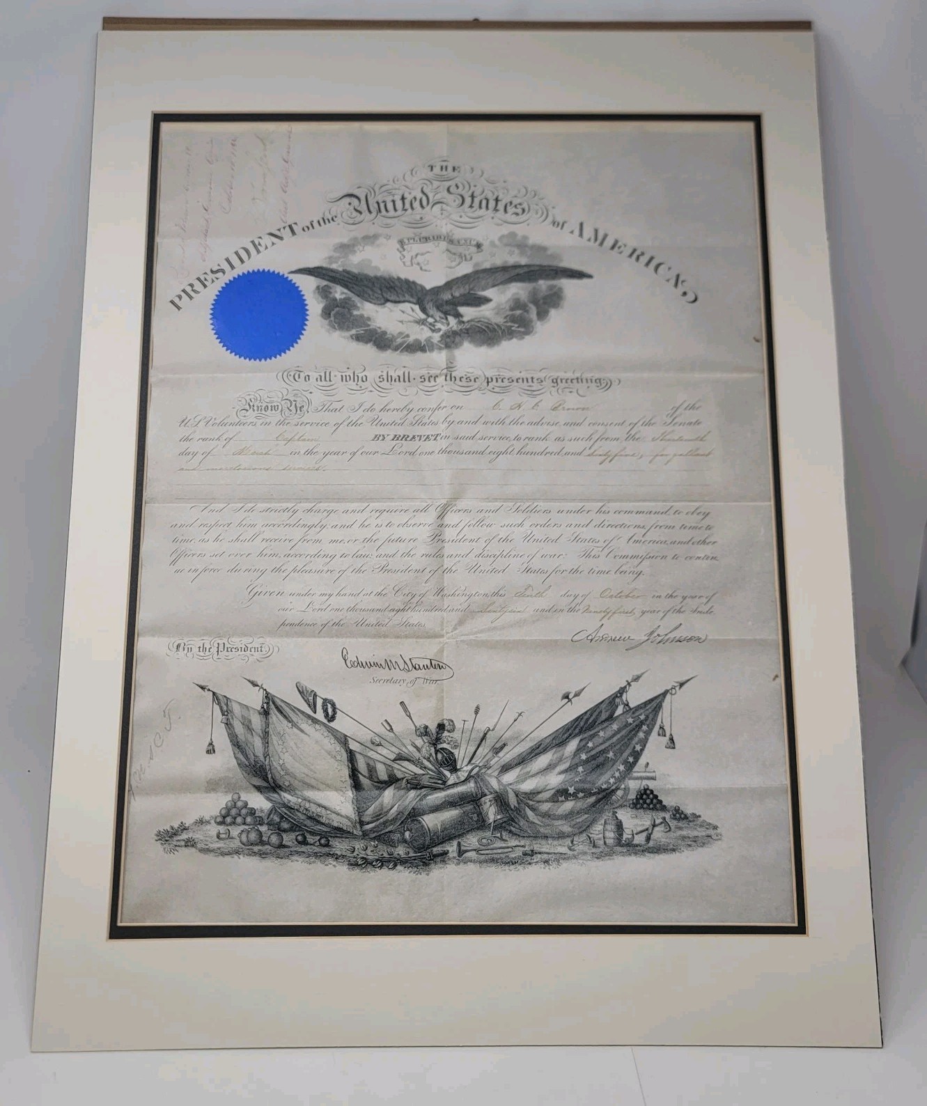 Civil War Brevet Captain Commission March 13th 1865 Andrew Johnson Edwin Stanton Civil War Brevet Captain Commission March 13th 1865 Andrew Johnson Edwin Stanton