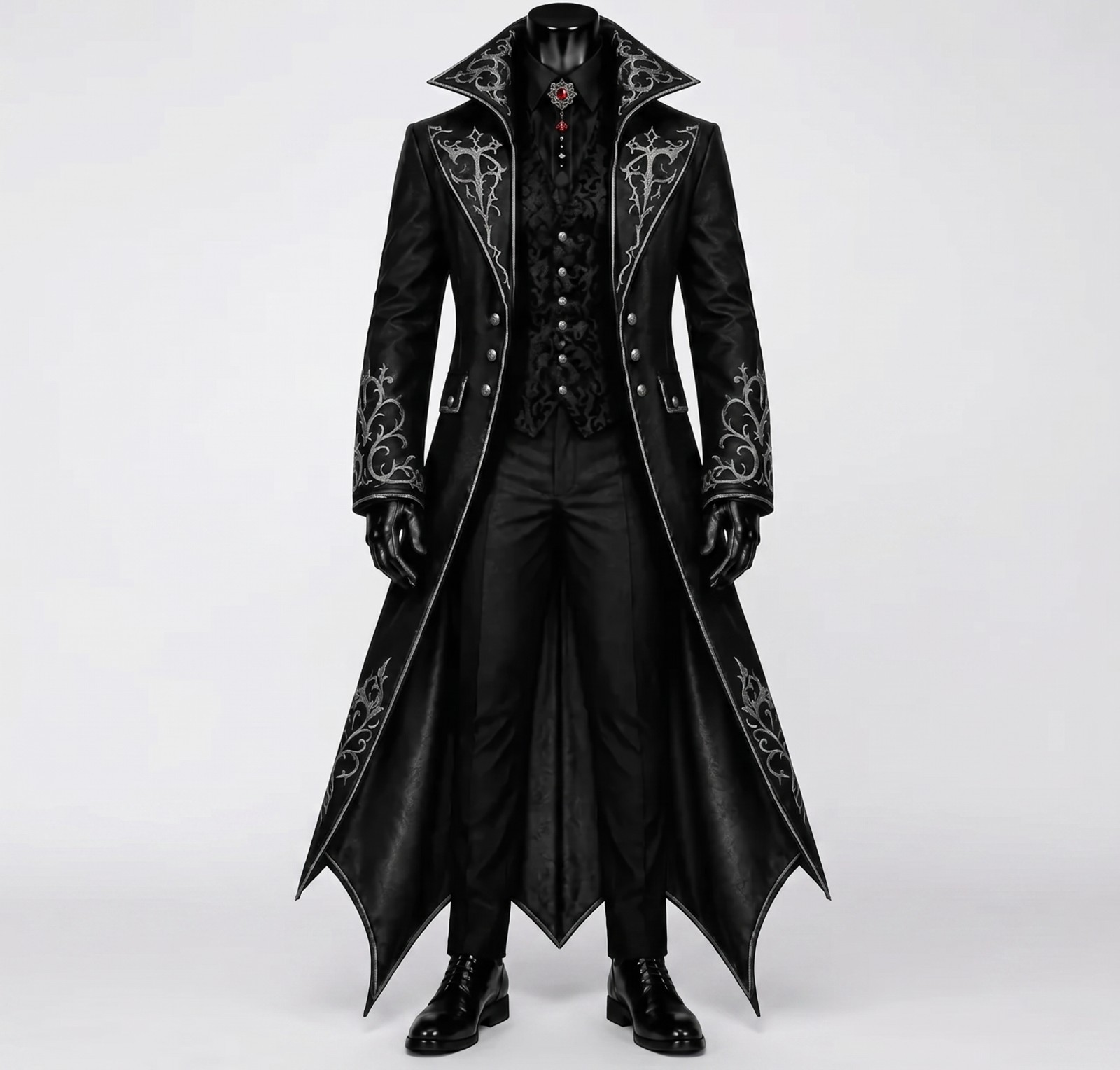 Gothic Vampire Leather Trench Coat for Men | Medieval Steampunk Embroidered Long