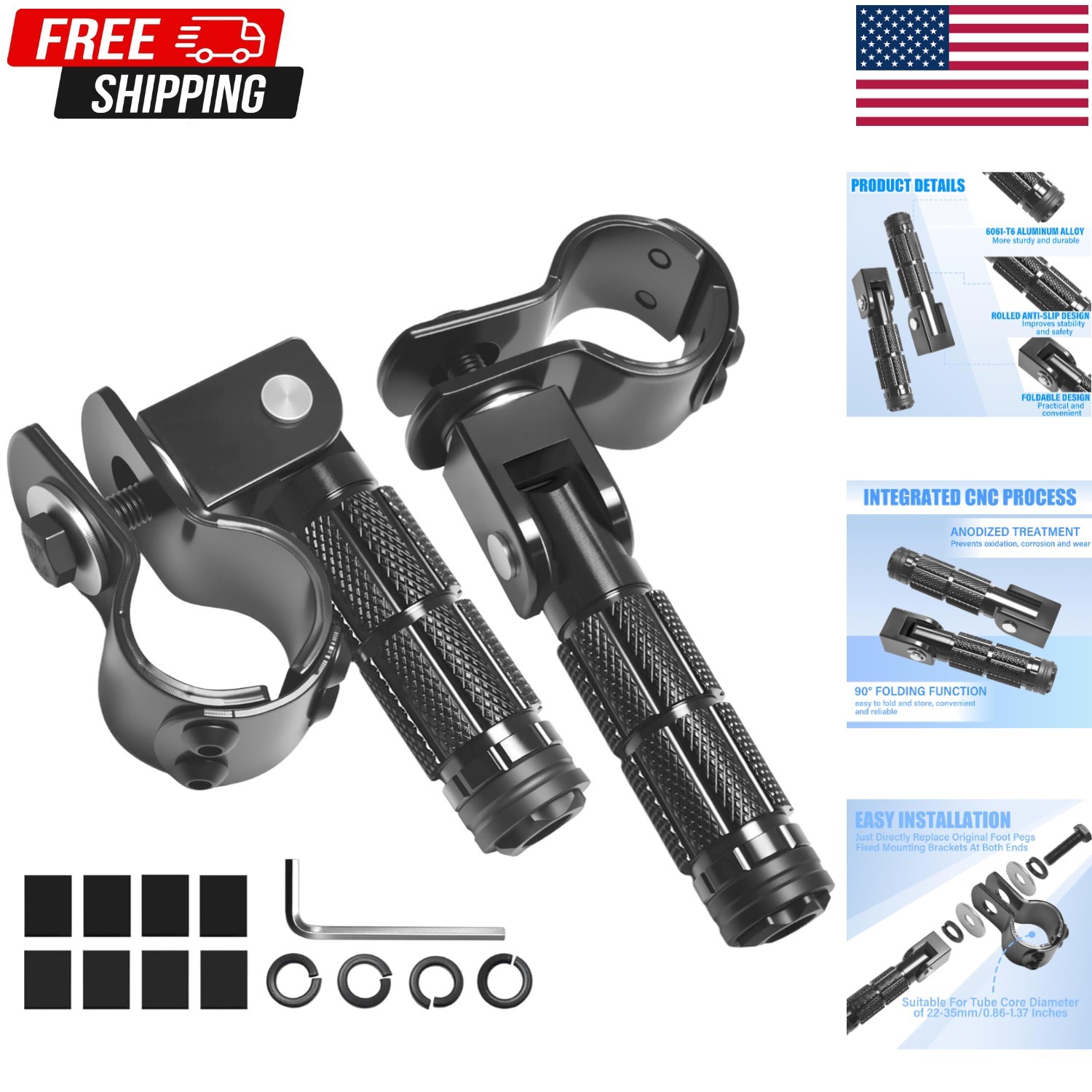 Motorcycle Foldable Foot Pegs Pair of Motorcycle Foot Pegs Clamp Footrest black