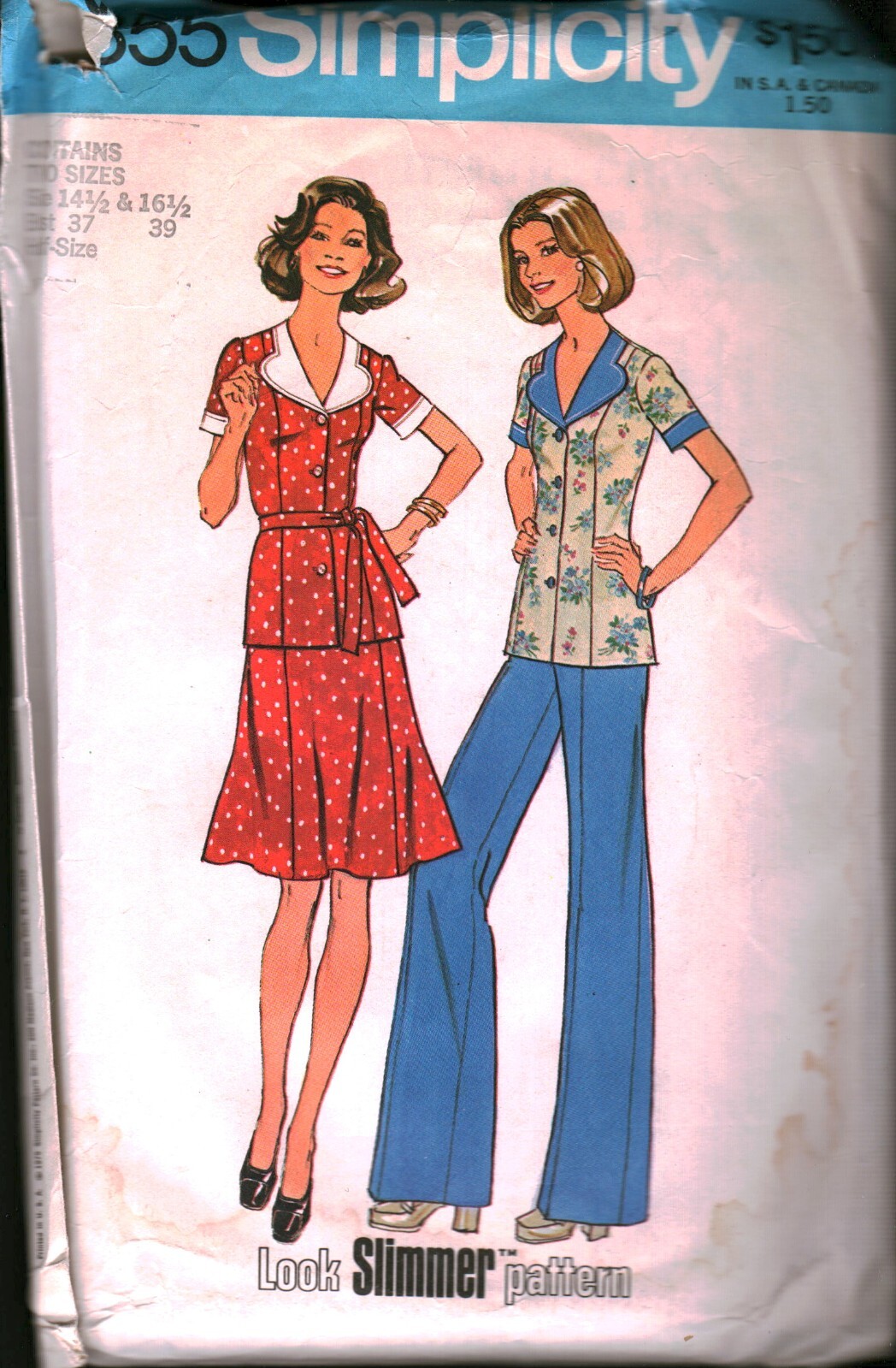 6855 Vintage Simplicity Sewing Pattern Misses 1970s Two Piece Dress Top Pants