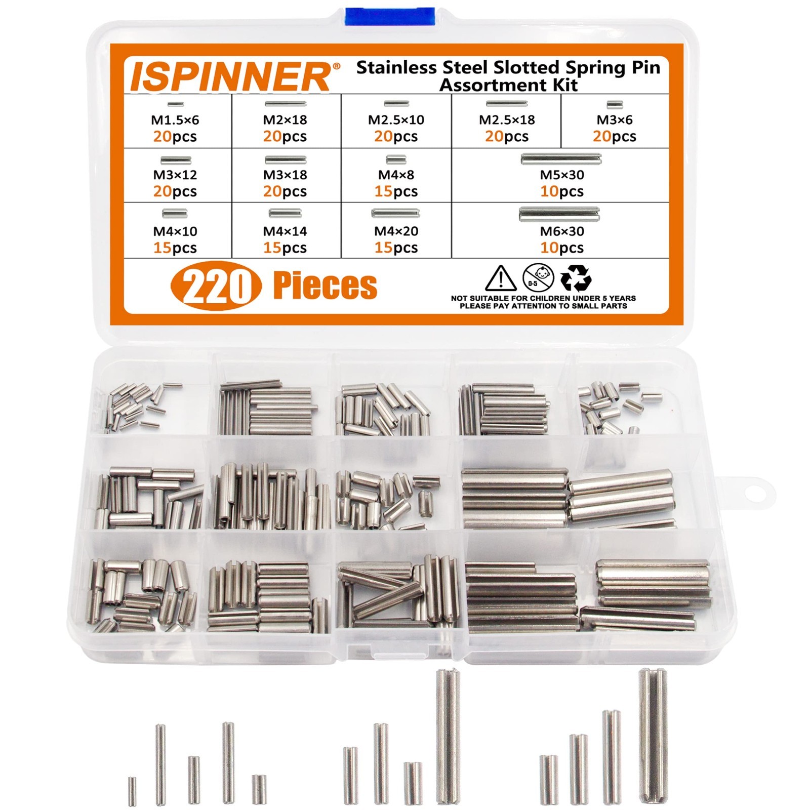 ISPINNER 220Pcs Roll Pin Set, Stainless Steel Slotted Spring Pin Assortment 