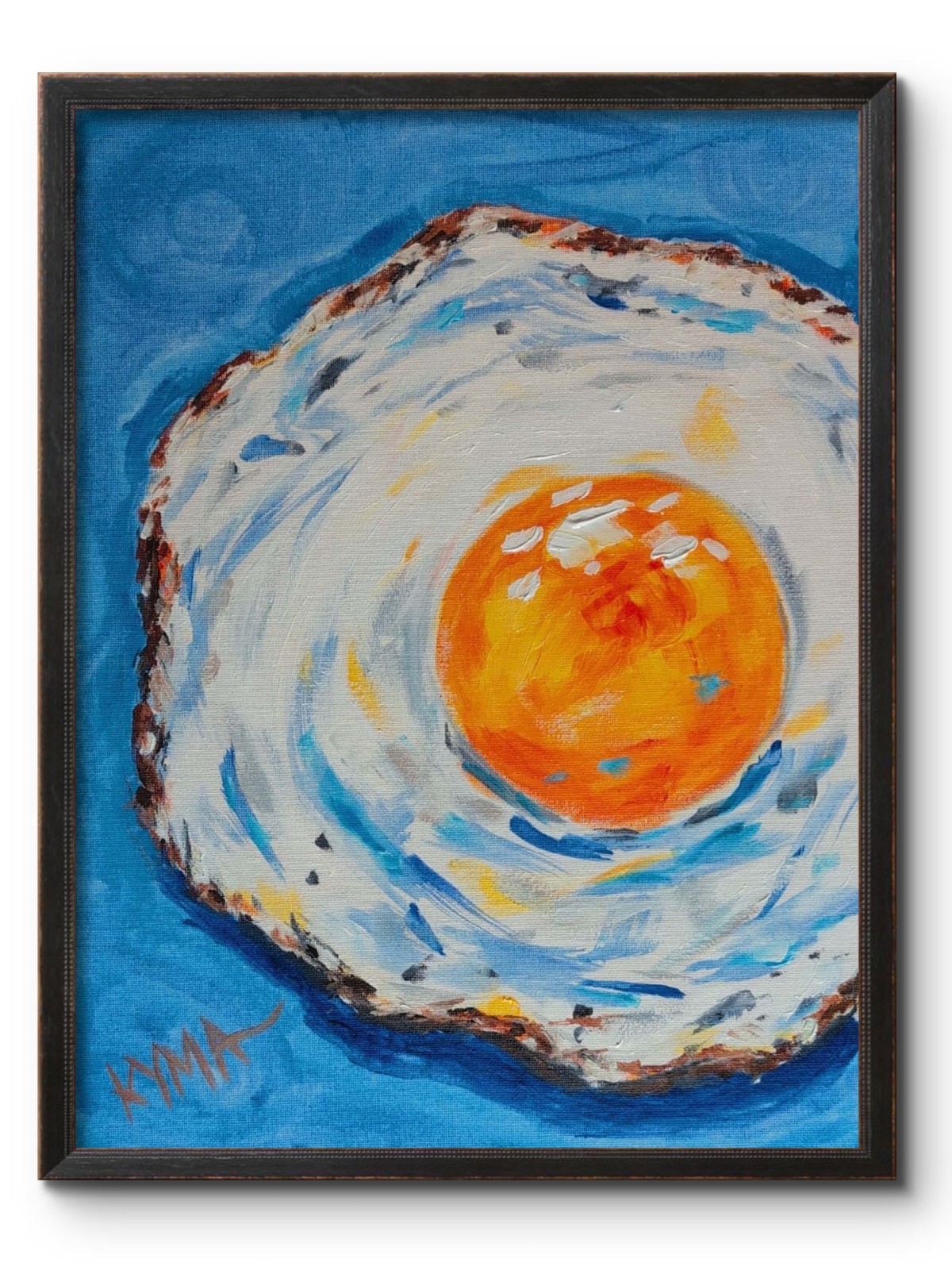 KYMA Original Acrylic 12x16 Impressionist Fried Egg Blue Painting Signed Canvas