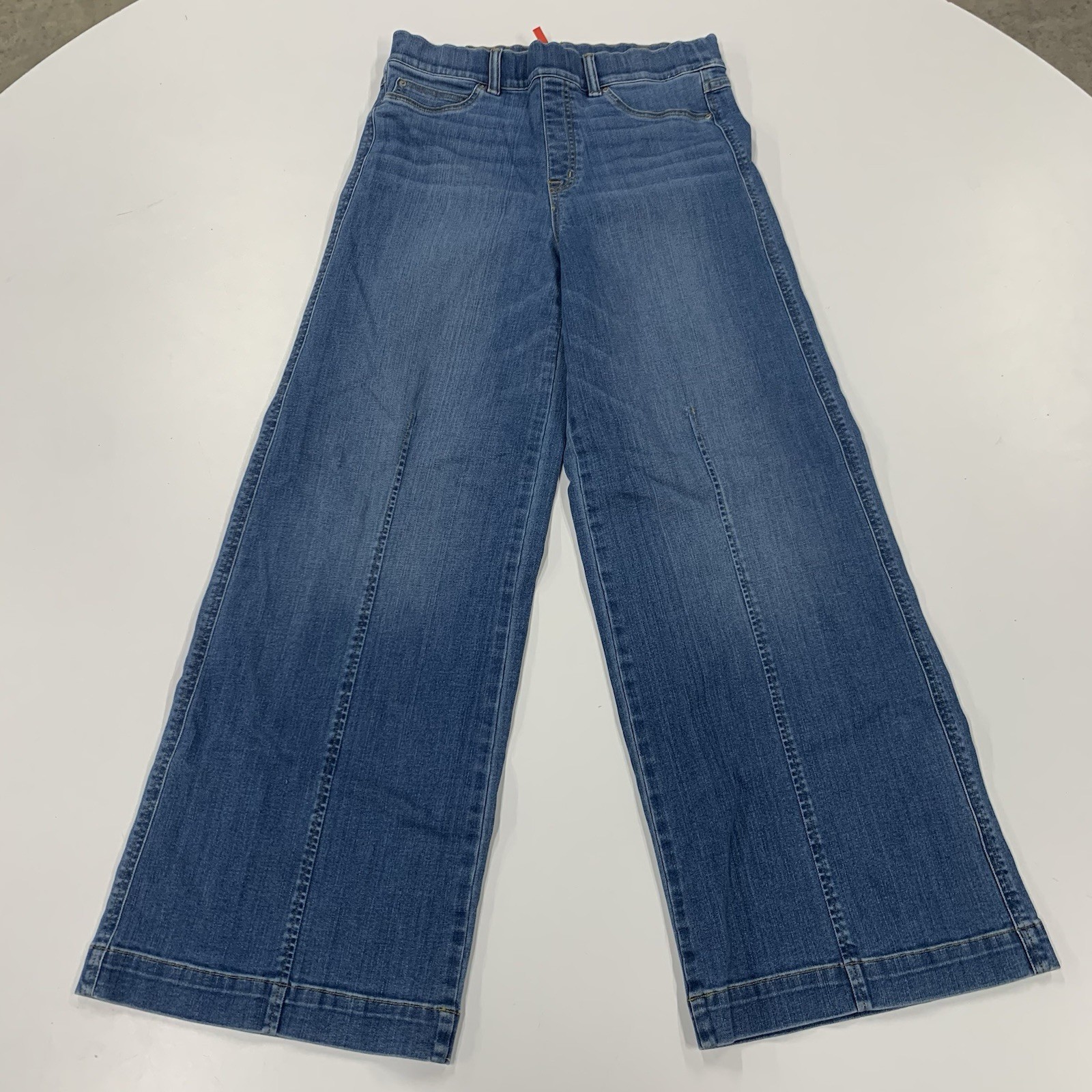 Spanx Seamed Front Wide Leg Pull On Jeans Womens Large Vintage Indigo Blue